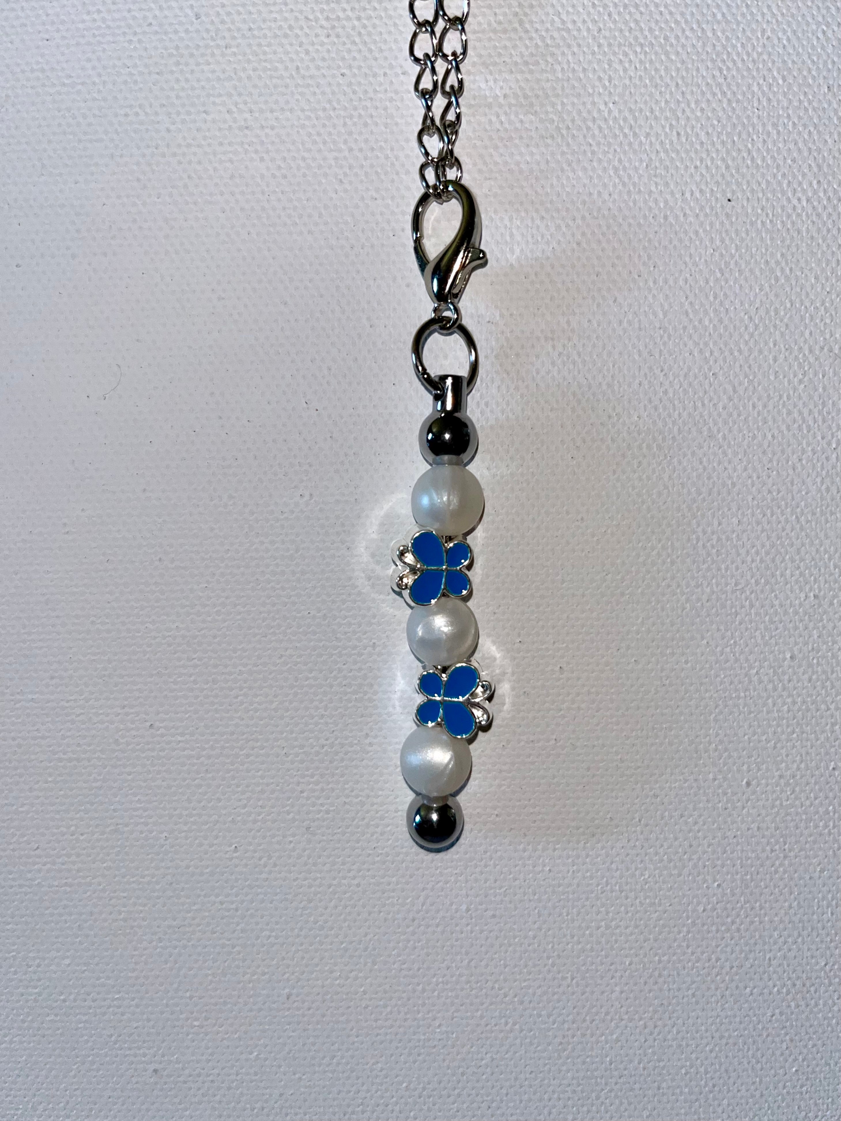 Cup Charm with Blue & Silver Butterflies & Pearlescent White Beads