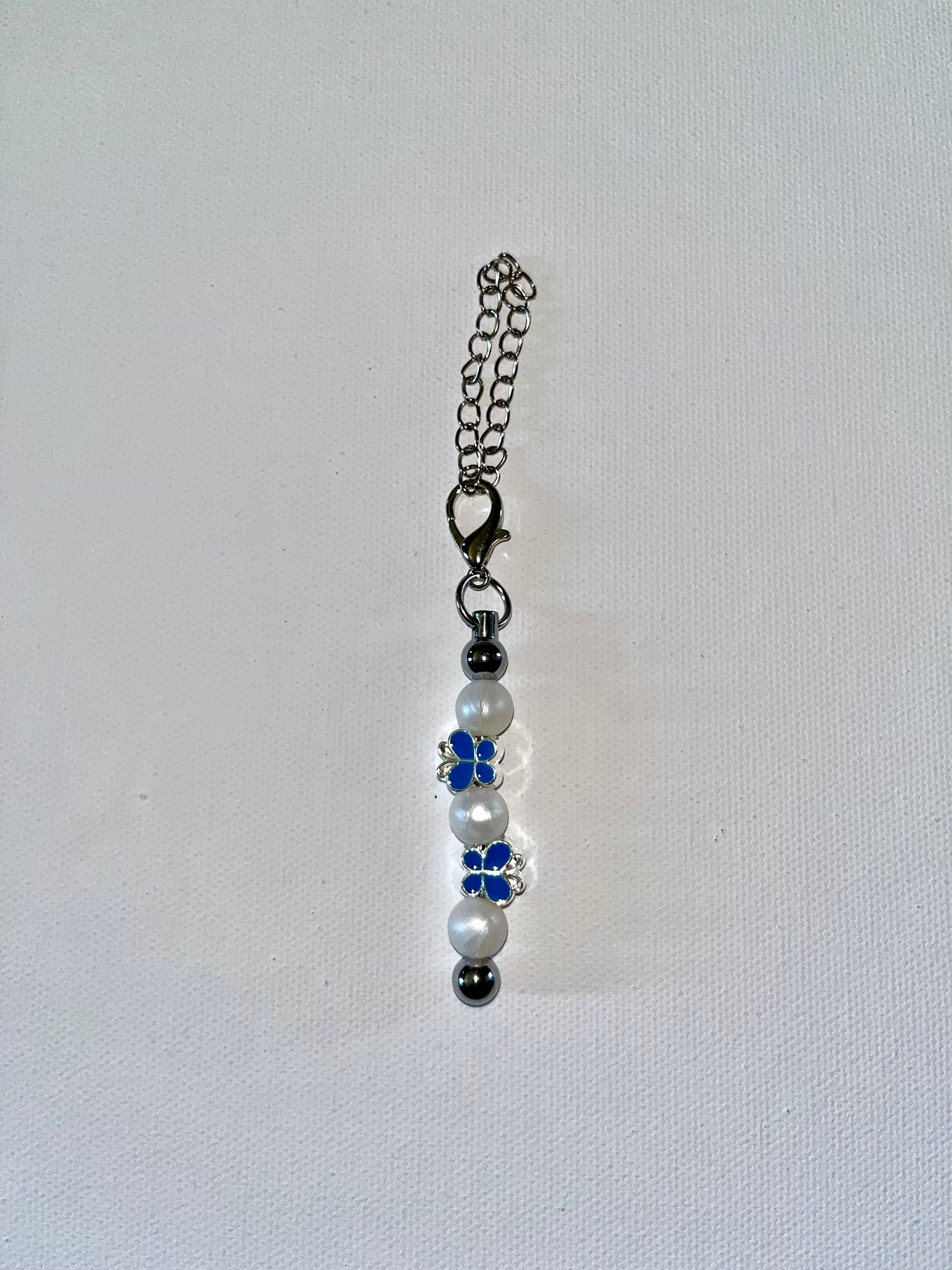 Cup Charm with Blue & Silver Butterflies & Pearlescent White Beads