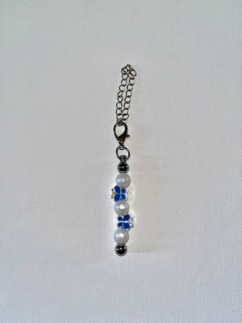Cup Charm with Blue & Silver Butterflies & Pearlescent White Beads