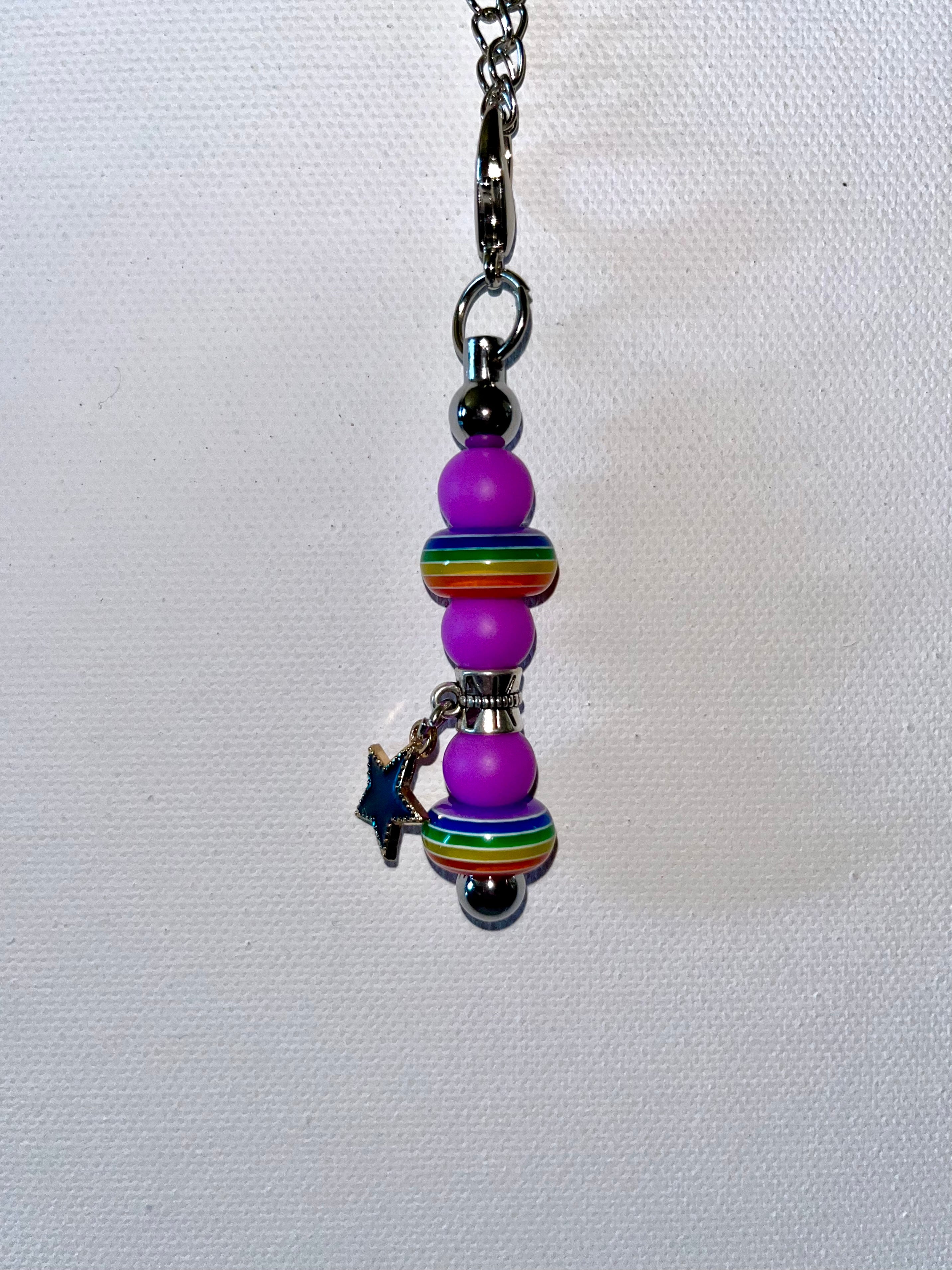 Cute Purple Beaded Cup Charm with Rainbow Accents & Blue Enamel Star Charm