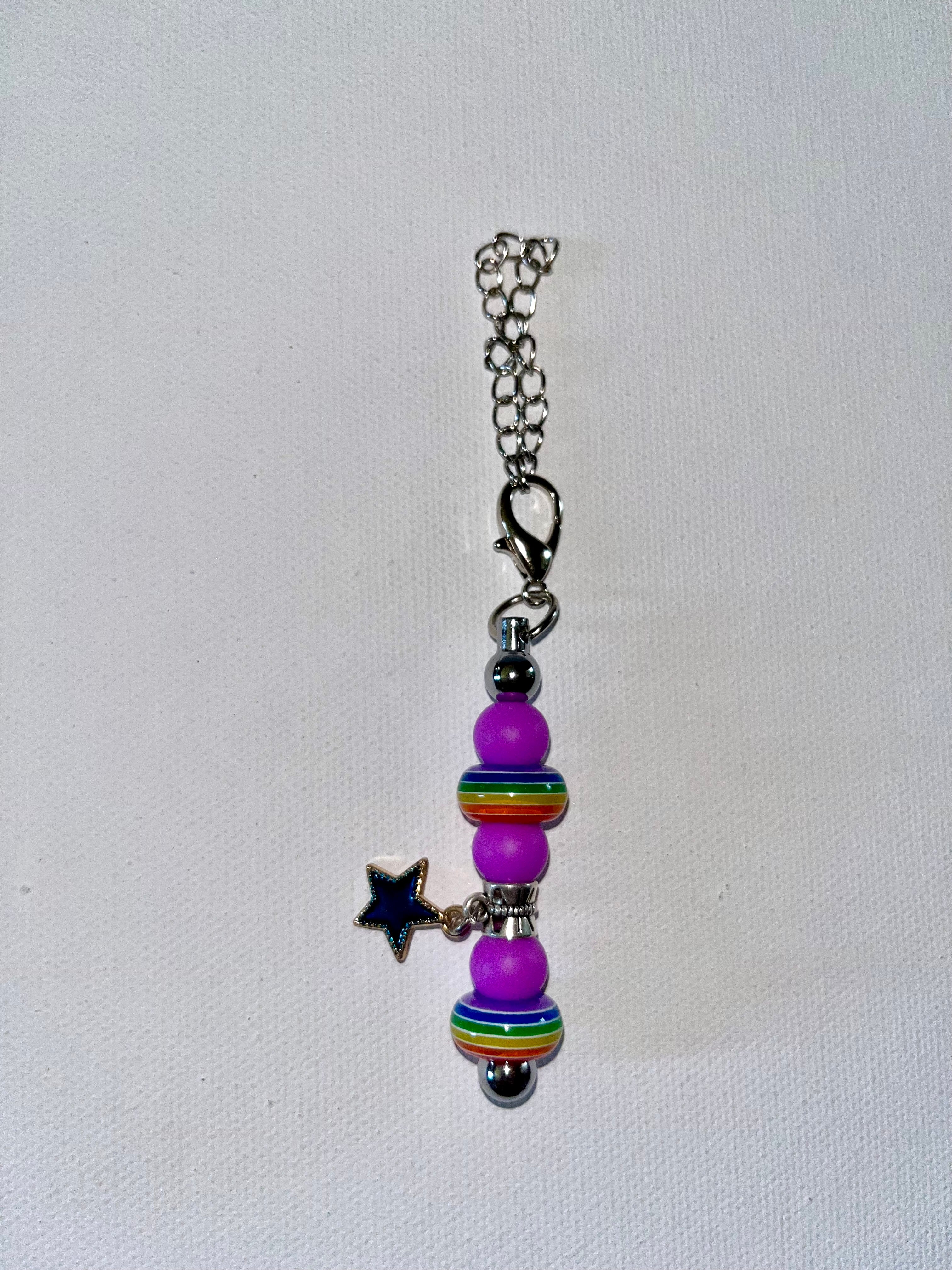 Cute Purple Beaded Cup Charm with Rainbow Accents & Blue Enamel Star Charm