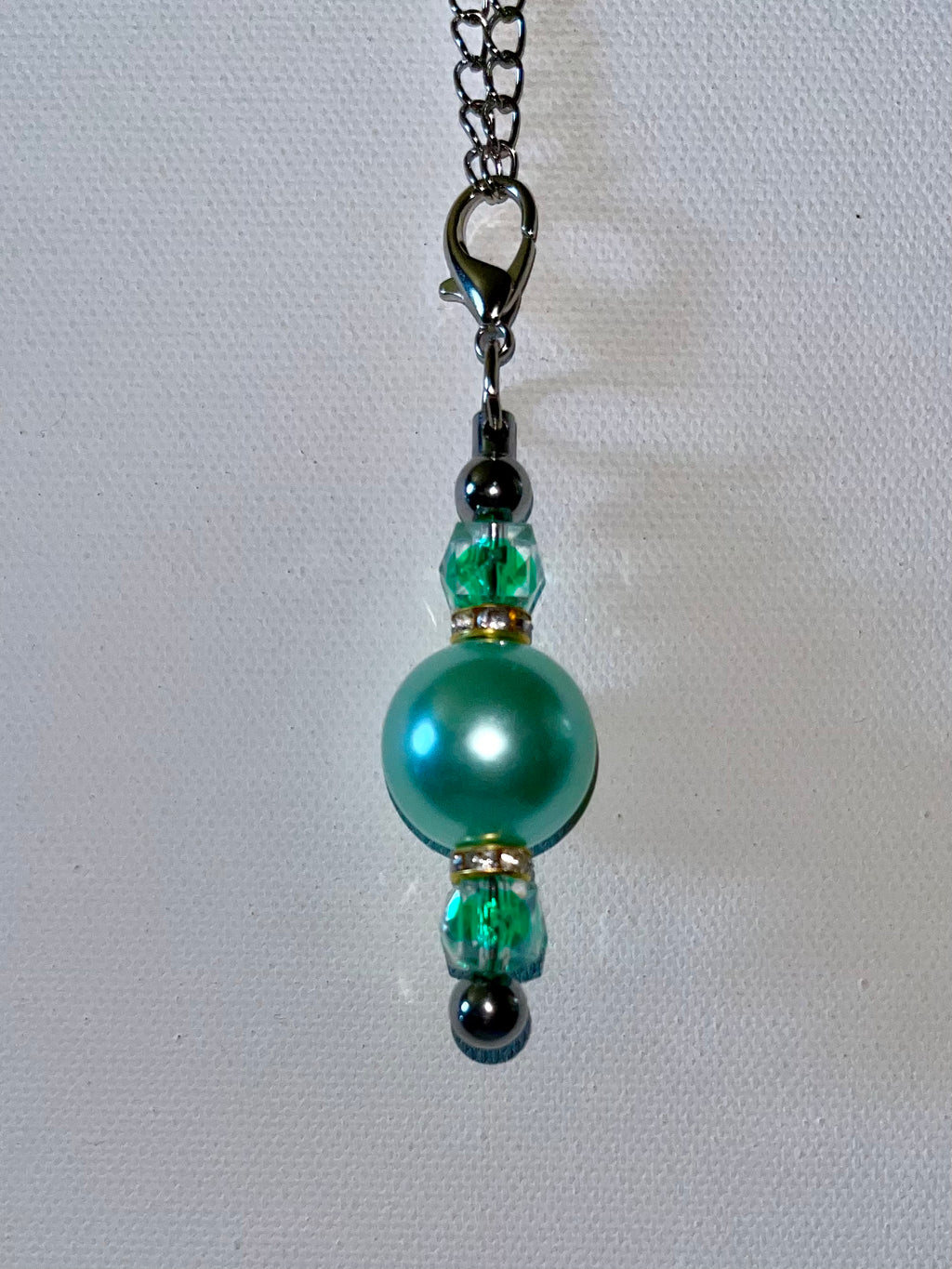 Green Pearl & Faceted Crystal Bead Cup Charm w/Rhinestone Accents