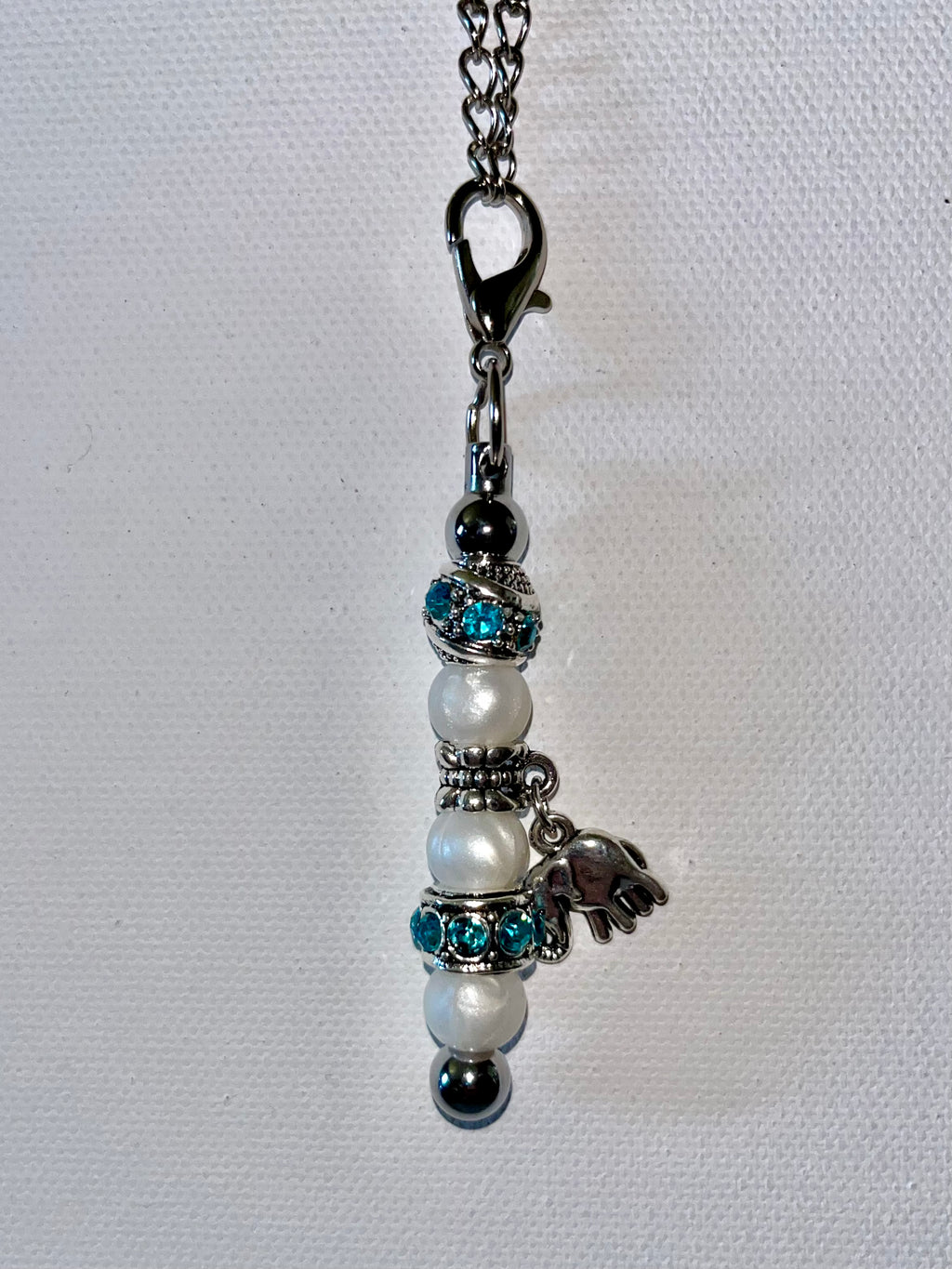Silver-Tone Teal Rhinestone-Accented Beads and Pearl Cup Charm w/Elephant Charm