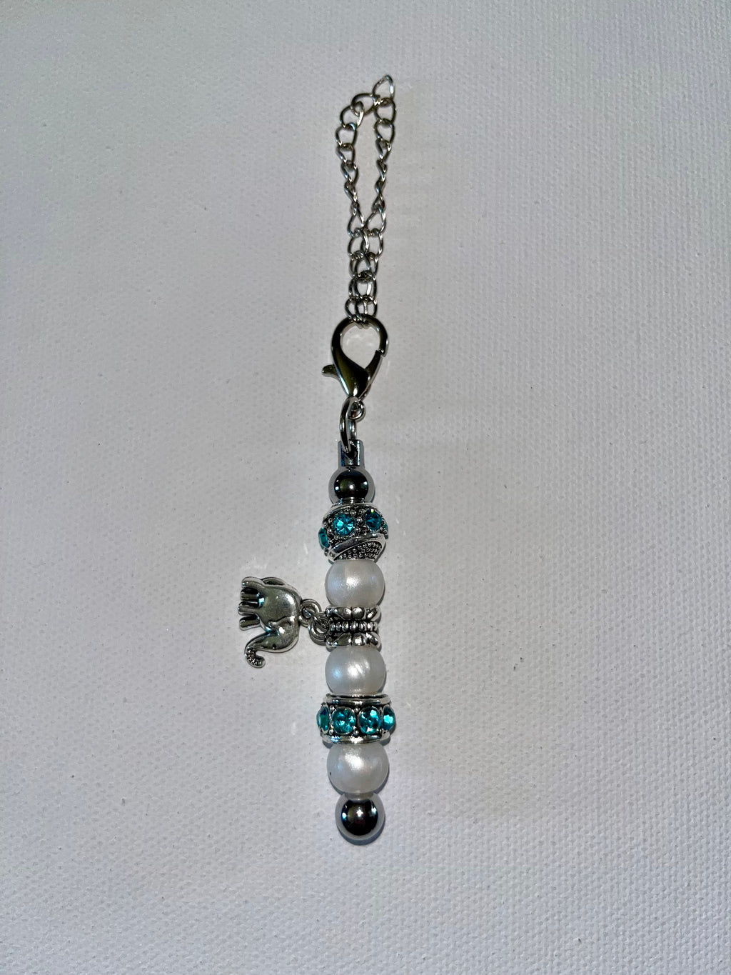 Silver-Tone Teal Rhinestone-Accented Beads and Pearl Cup Charm w/Elephant Charm