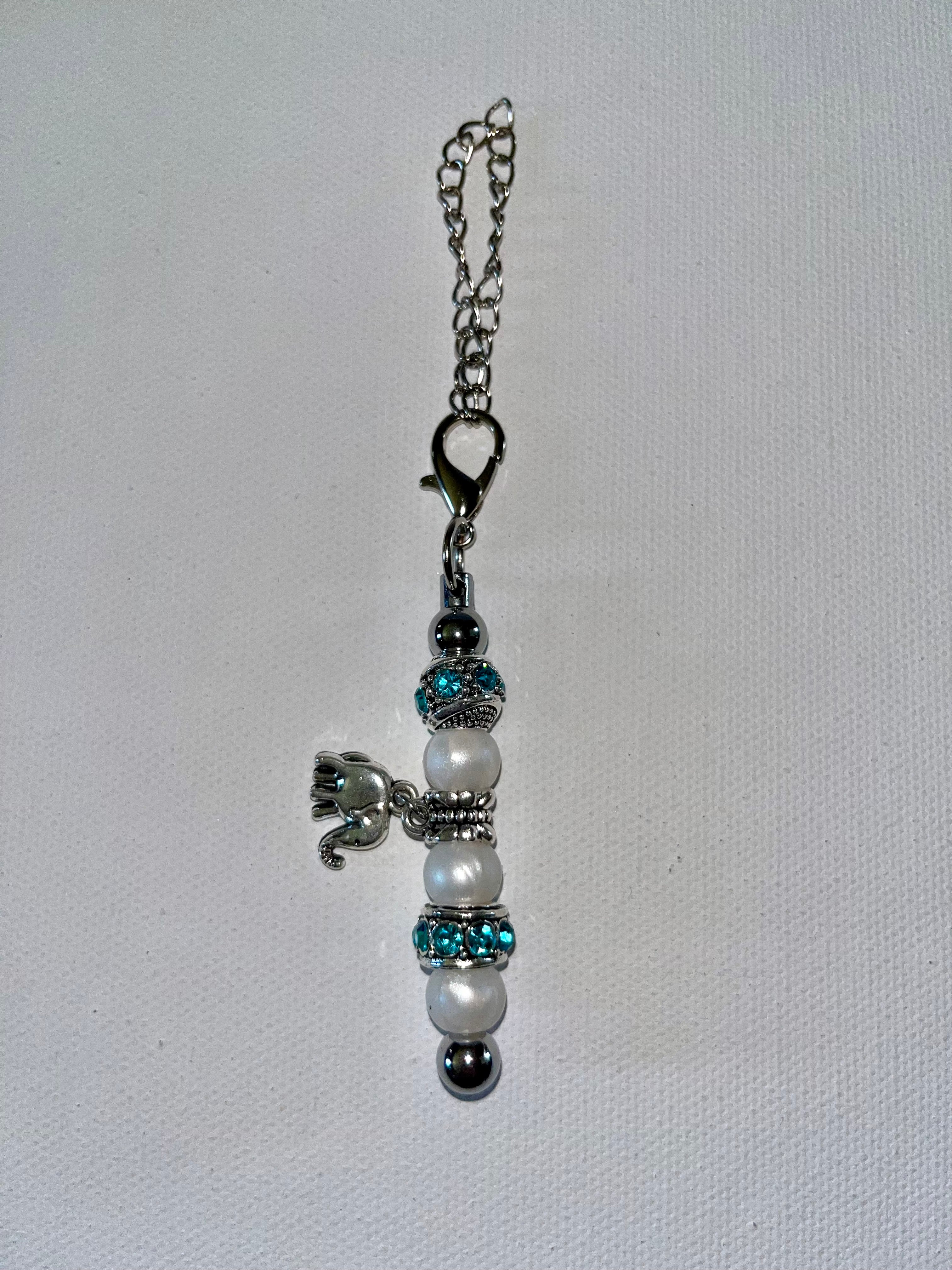 Silver-Tone Teal Rhinestone-Accented Beads and Pearl Cup Charm w/Elephant Charm