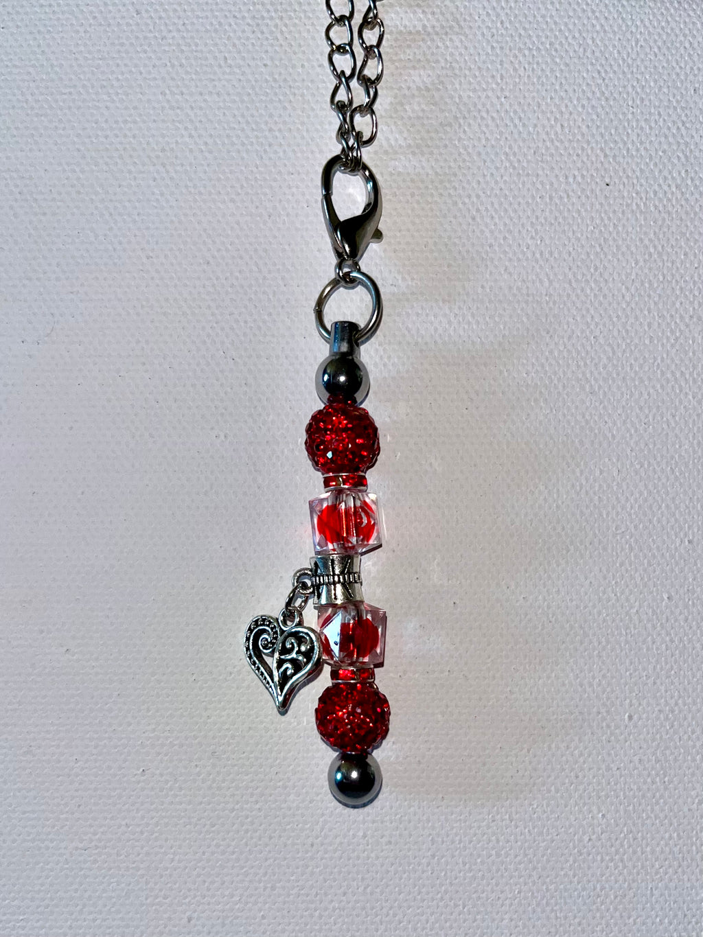 Red Crystal Bead Cup Charm w/Red Rhinestone Accents & Ornate Silver Heart Charm