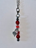 Red Crystal Bead Cup Charm w/Red Rhinestone Accents & Ornate Silver Heart Charm