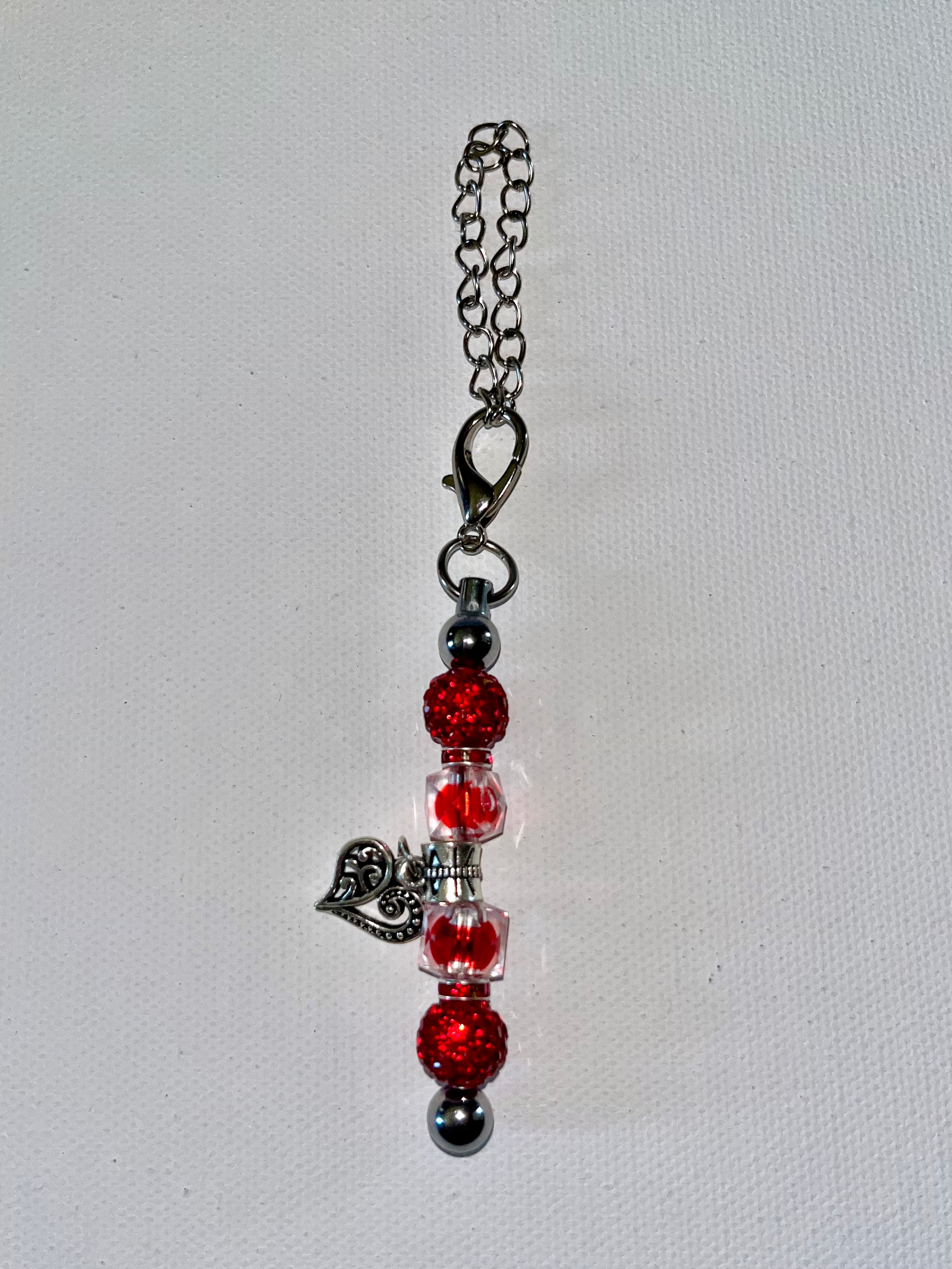 Red Crystal Bead Cup Charm w/Red Rhinestone Accents & Ornate Silver Heart Charm