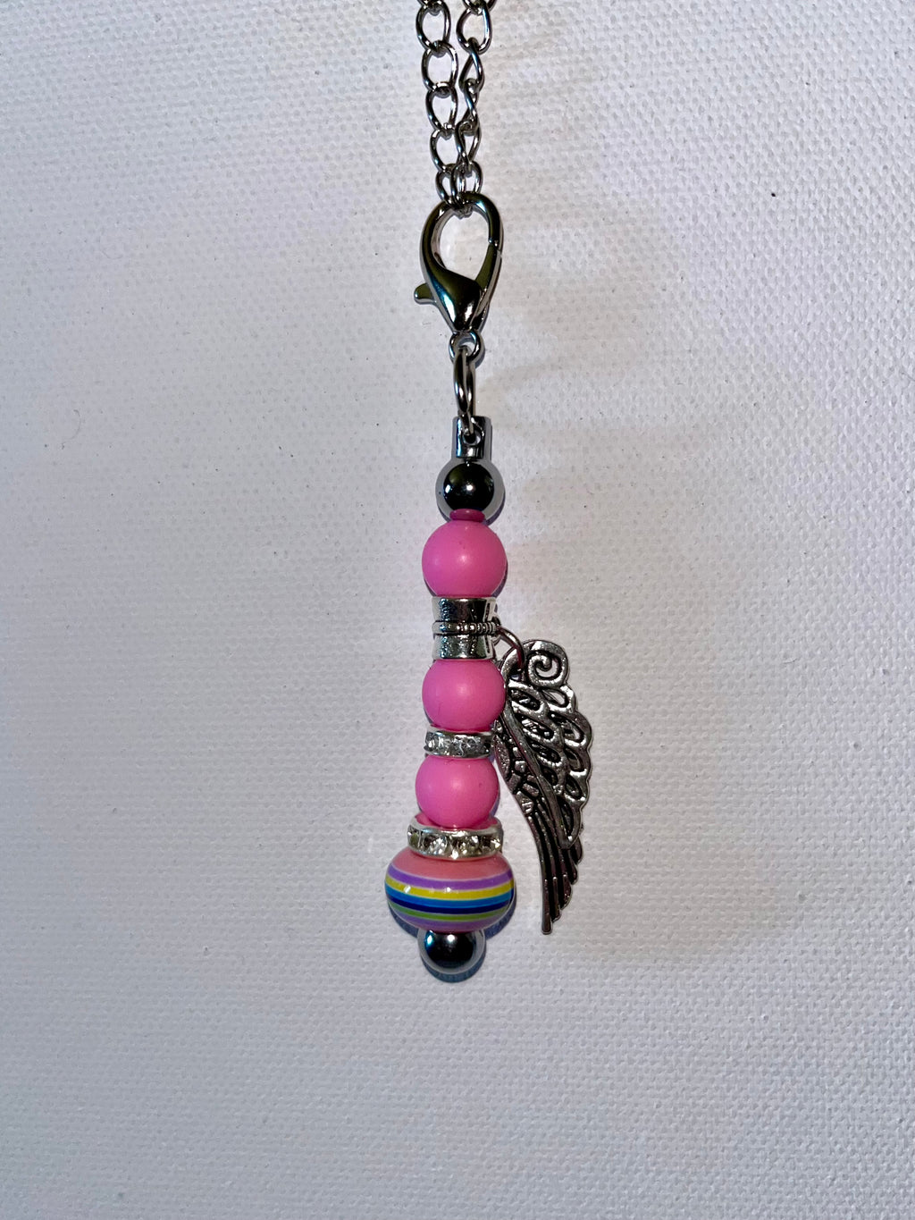 Pink & Silver Beaded Angel Wing Cup Charm w/Rainbow & Rhinestone Accents