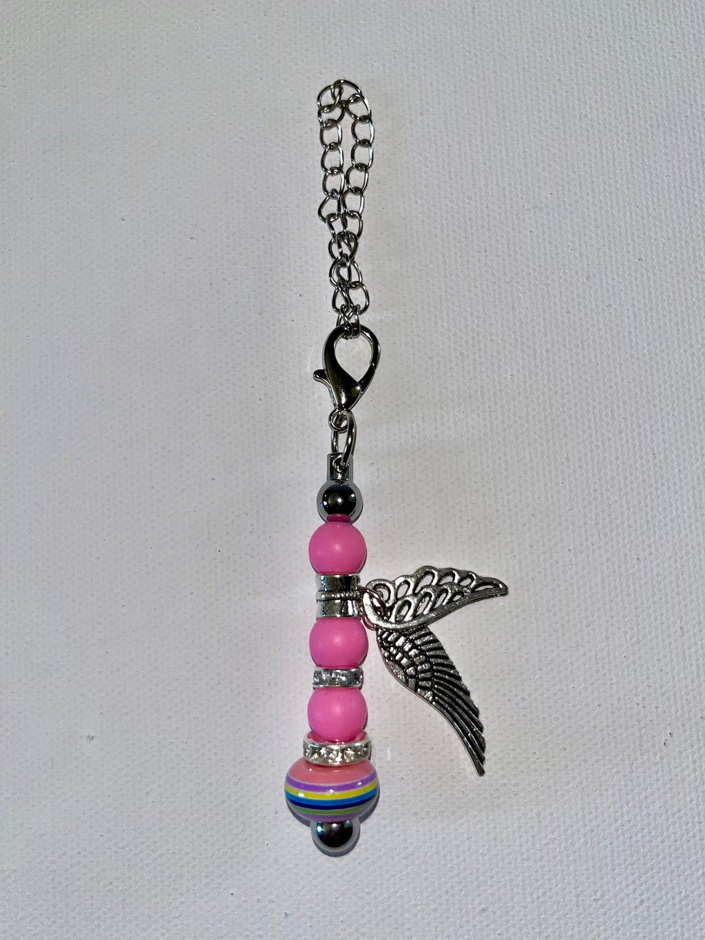 Pink & Silver Beaded Angel Wing Cup Charm w/Rainbow & Rhinestone Accents