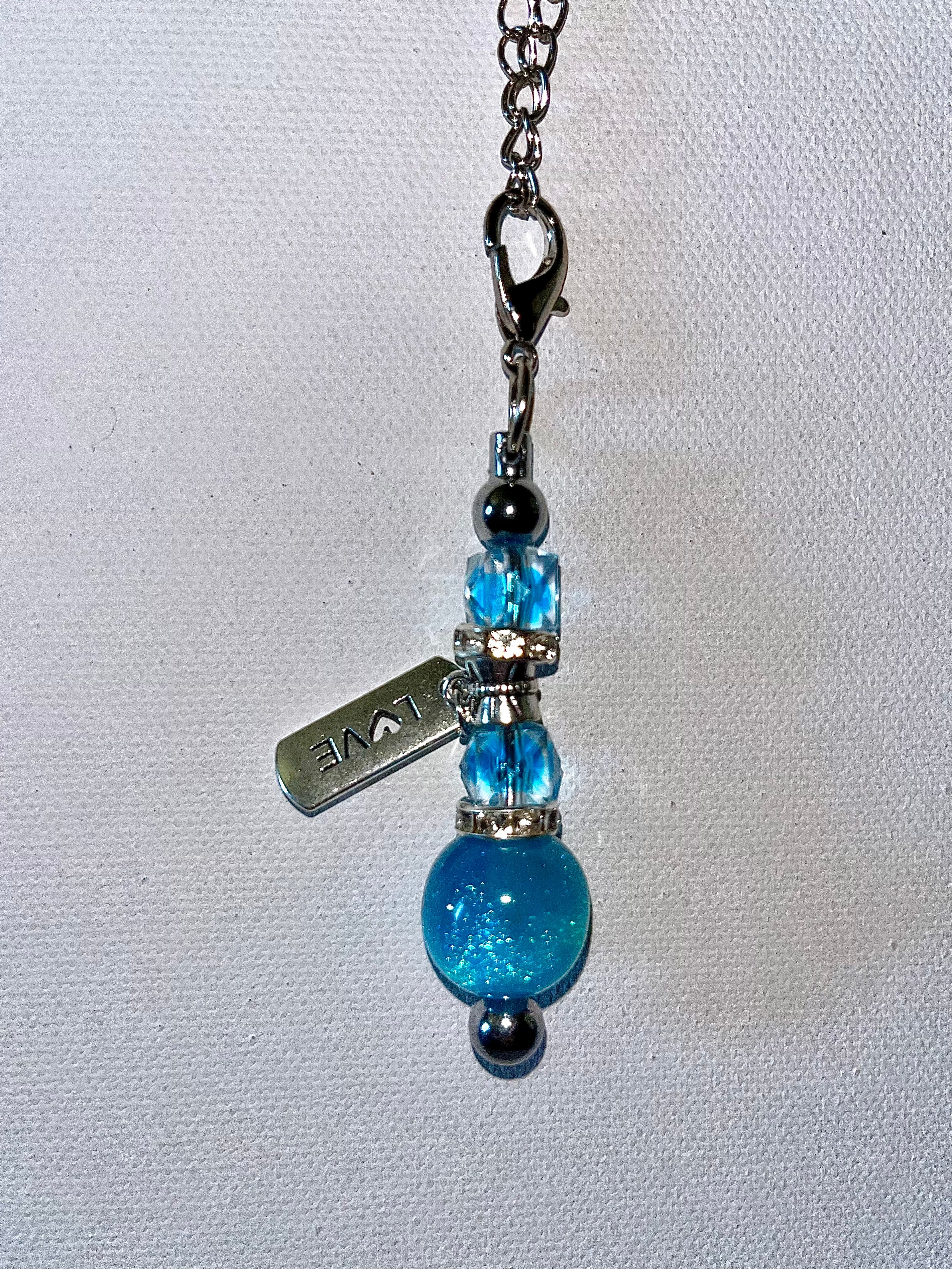 Shimmery Blue Crystal & Rhinestone Accented Cup Charm w/“LOVE” Charm