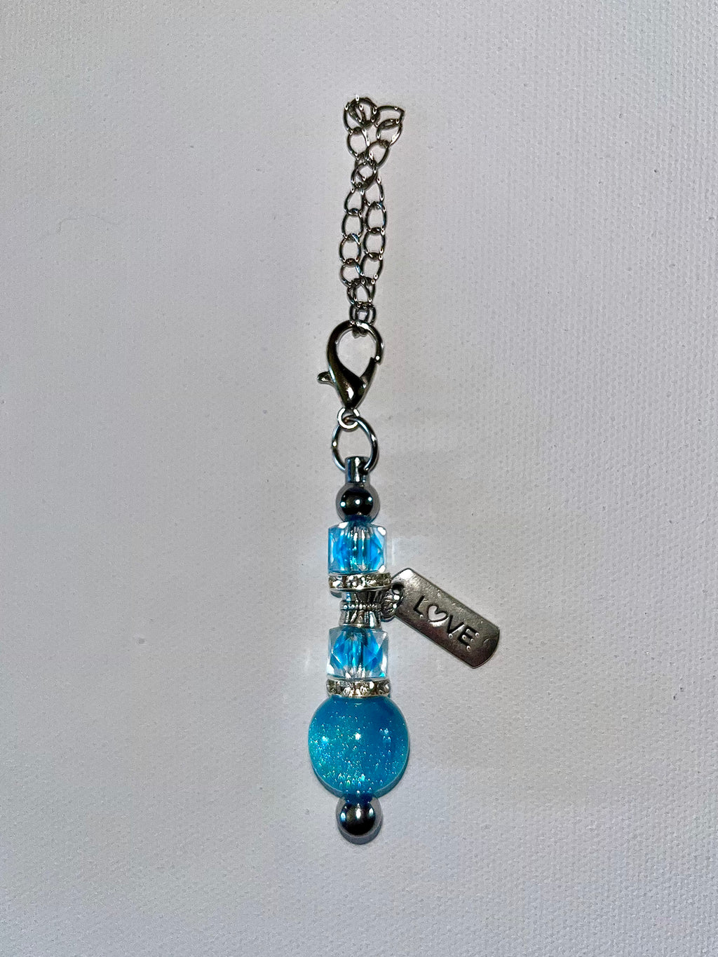 Shimmery Blue Crystal & Rhinestone Accented Cup Charm w/“LOVE” Charm