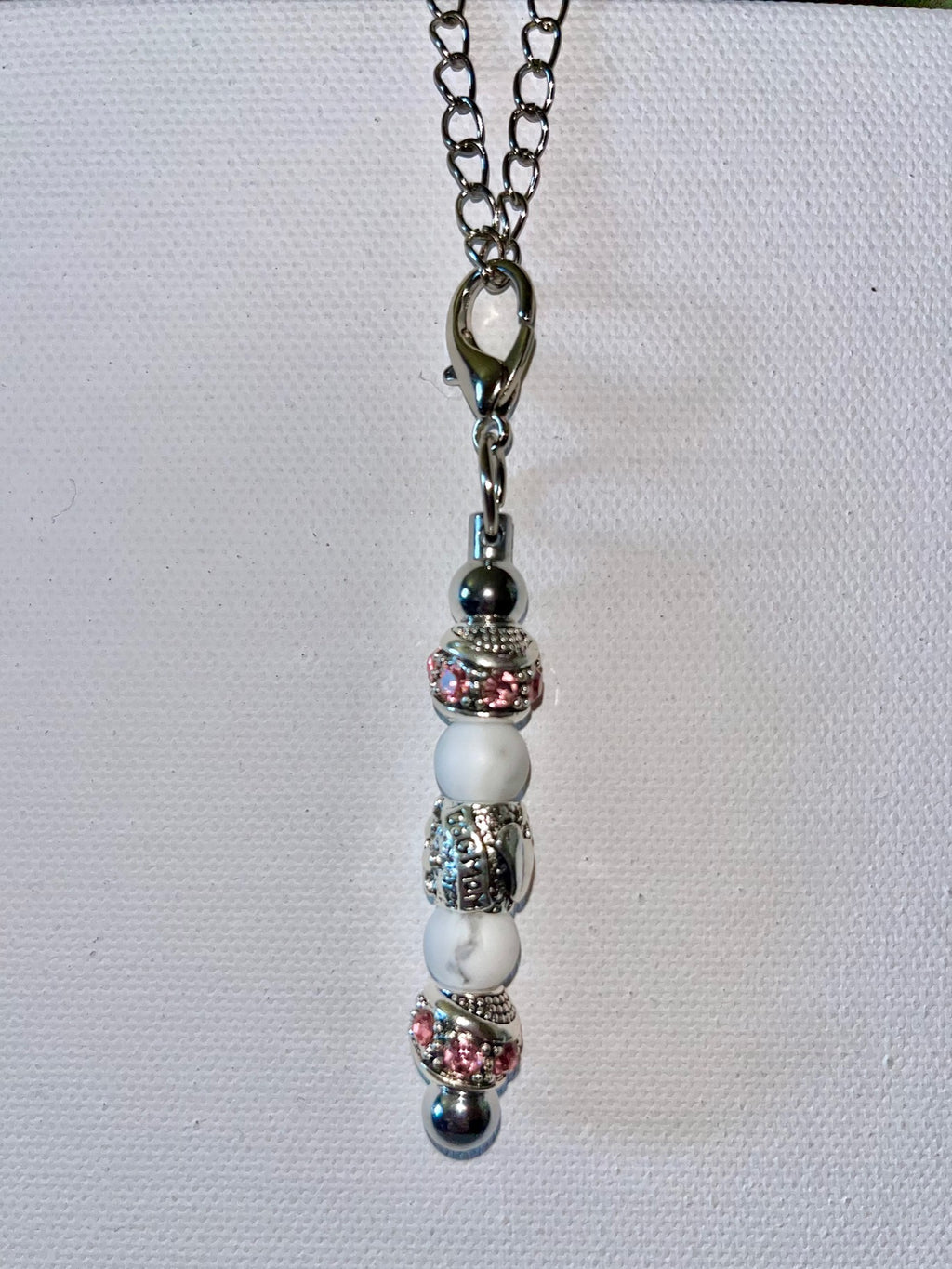 Silver-Tone “Dog Mom” Cup Charm w/White & Pink Beads & Pink Rhinestone Accents