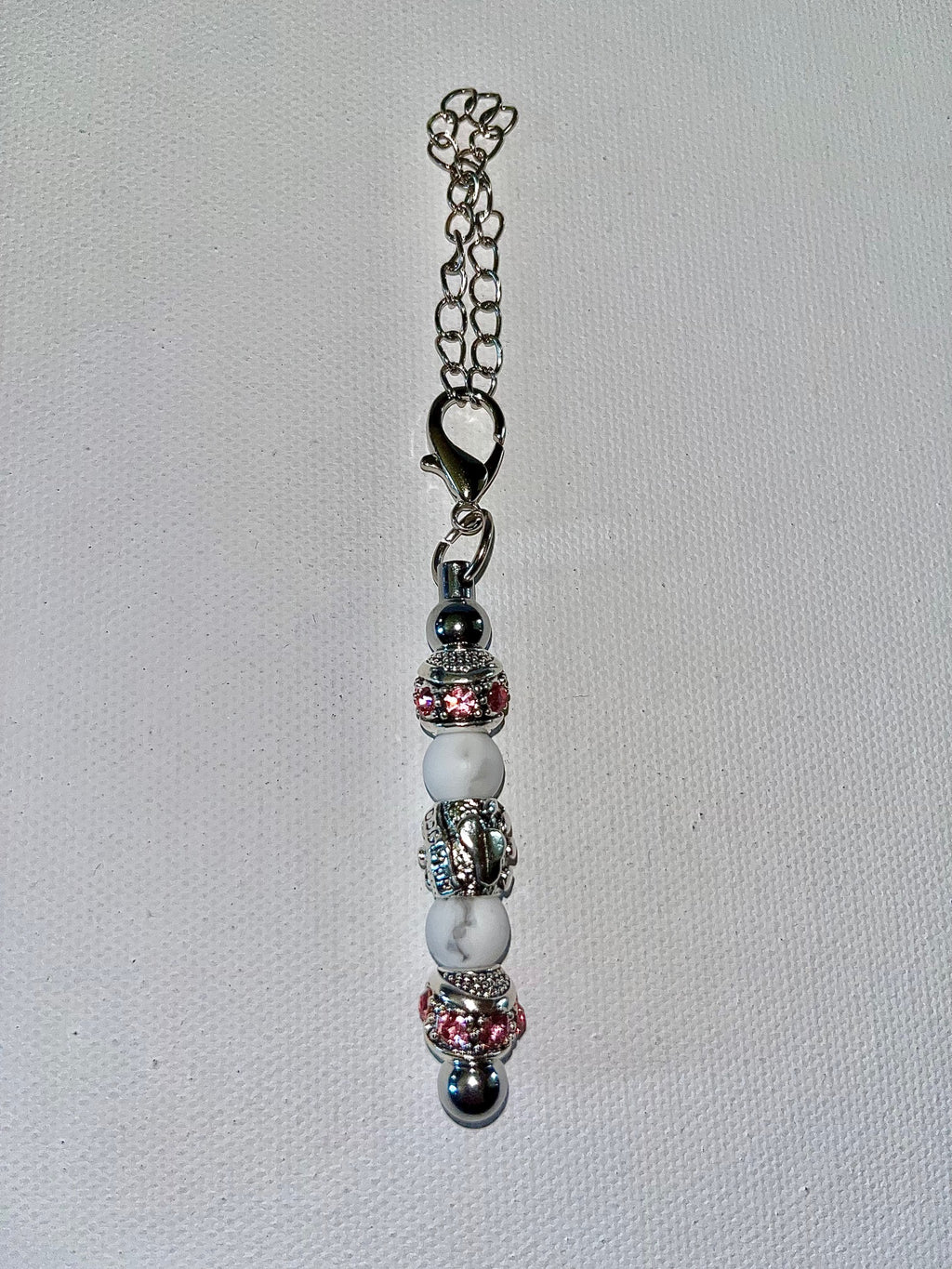 Silver-Tone “Dog Mom” Cup Charm w/White & Pink Beads & Pink Rhinestone Accents