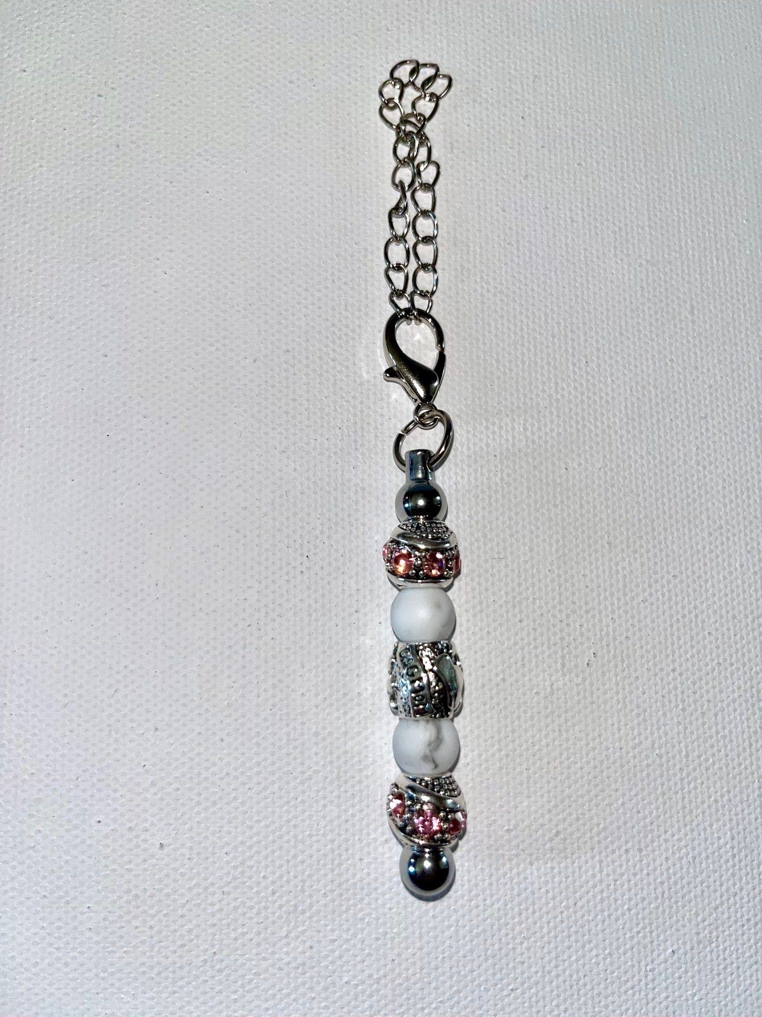 Silver-Tone “Dog Mom” Cup Charm w/White & Pink Beads & Pink Rhinestone Accents