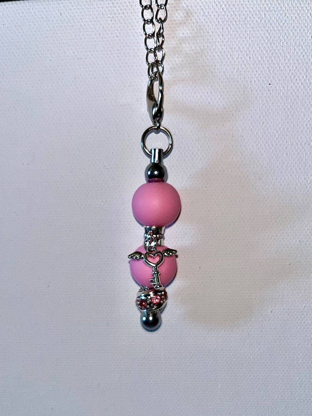 Pink Beaded Angel-Key Pendant Silver-tone Cup Charm W/Rhinestone Accents