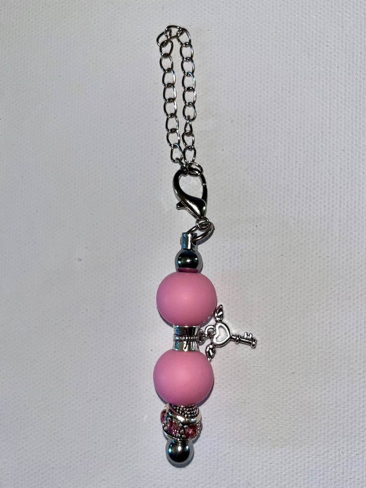 Pink Beaded Angel-Key Pendant Silver-tone Cup Charm W/Rhinestone Accents