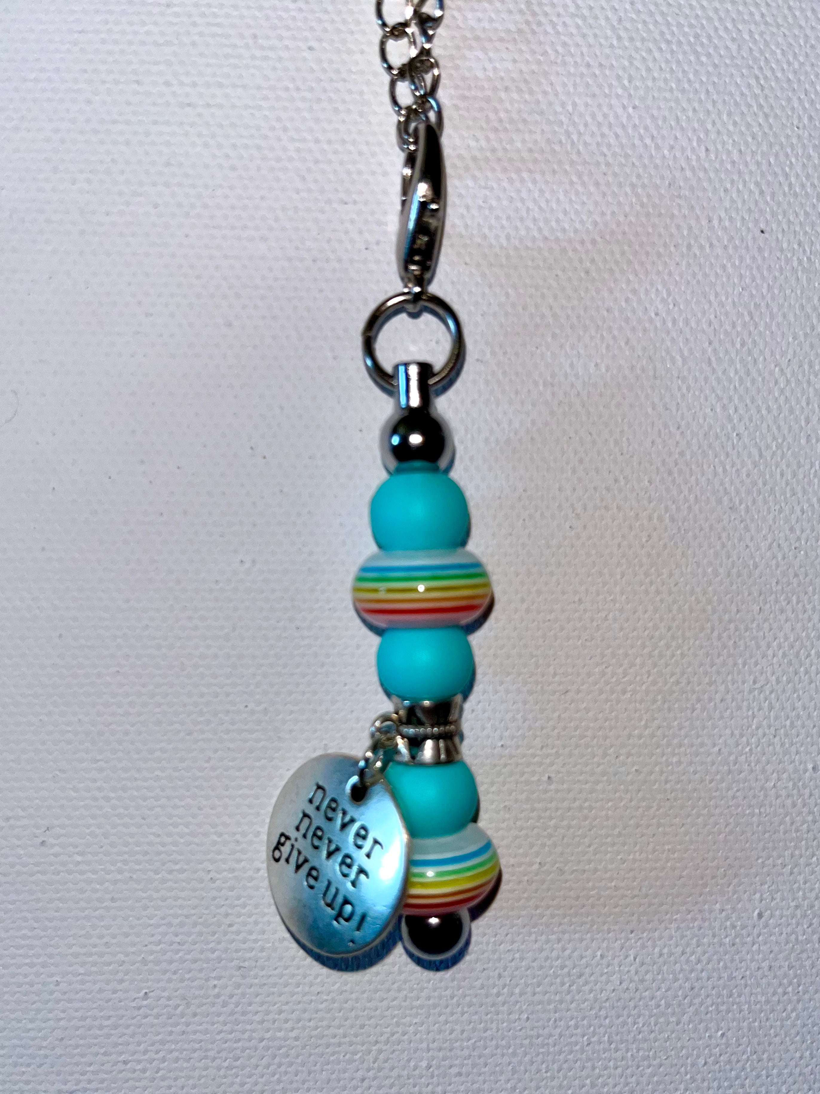 Inspirational “Never Never Give Up” Turquoise & Rainbow-Beaded Cup Charm