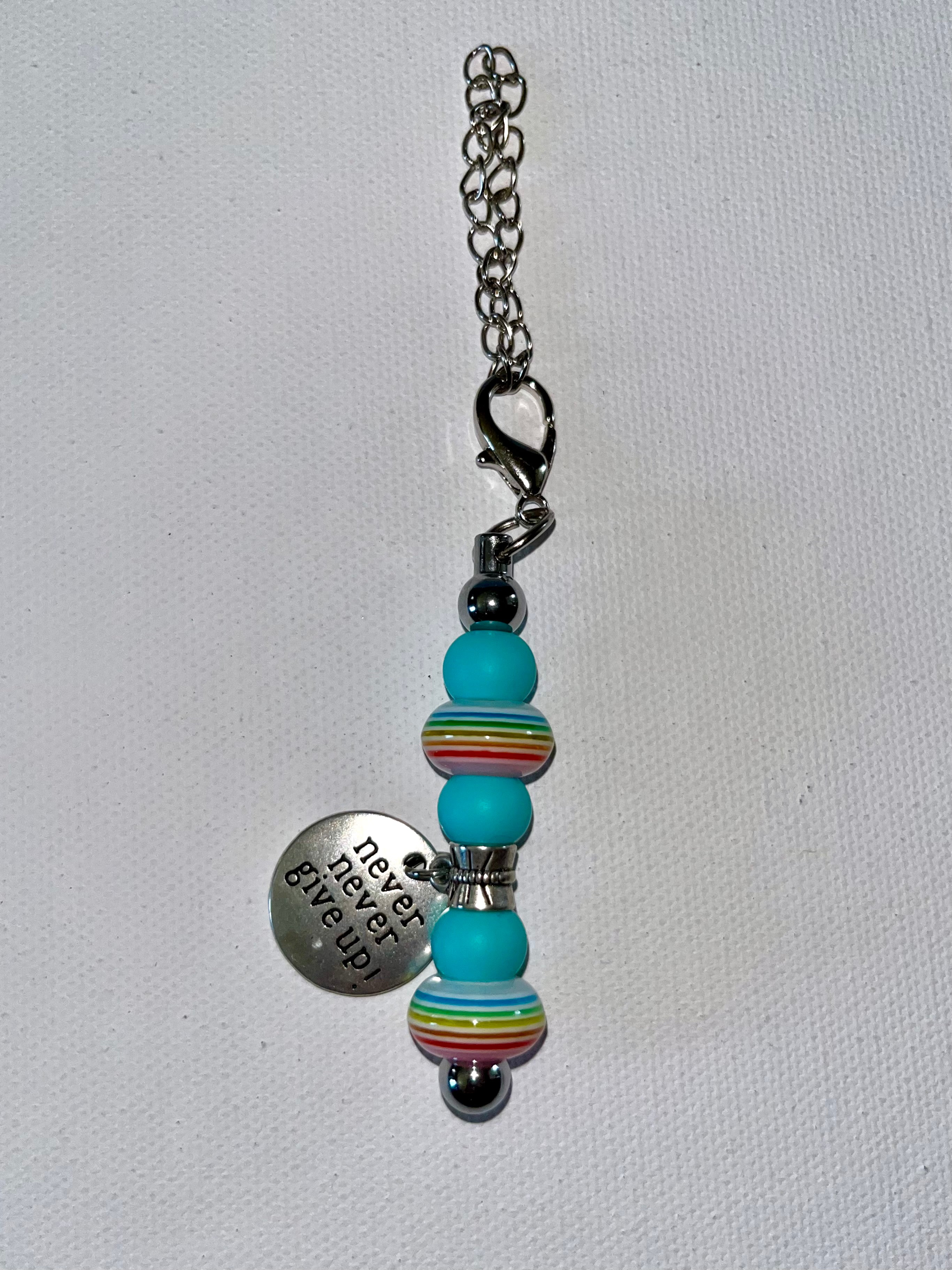 Inspirational “Never Never Give Up” Turquoise & Rainbow-Beaded Cup Charm