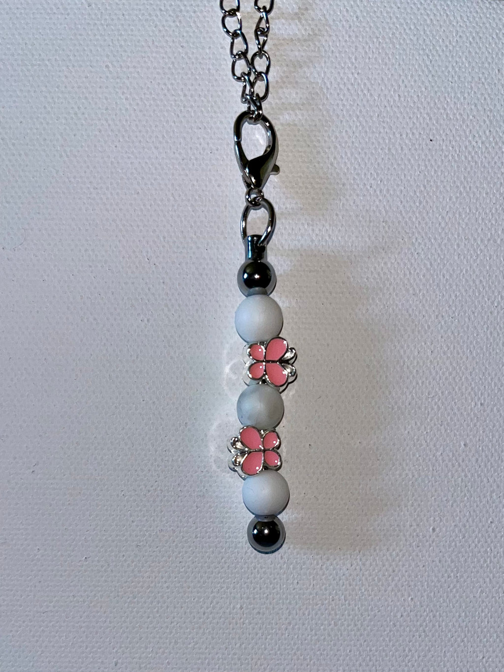 Shiny Pink & Silver Butterfly Beaded Cup Charm W/White Silicone Bead Accents