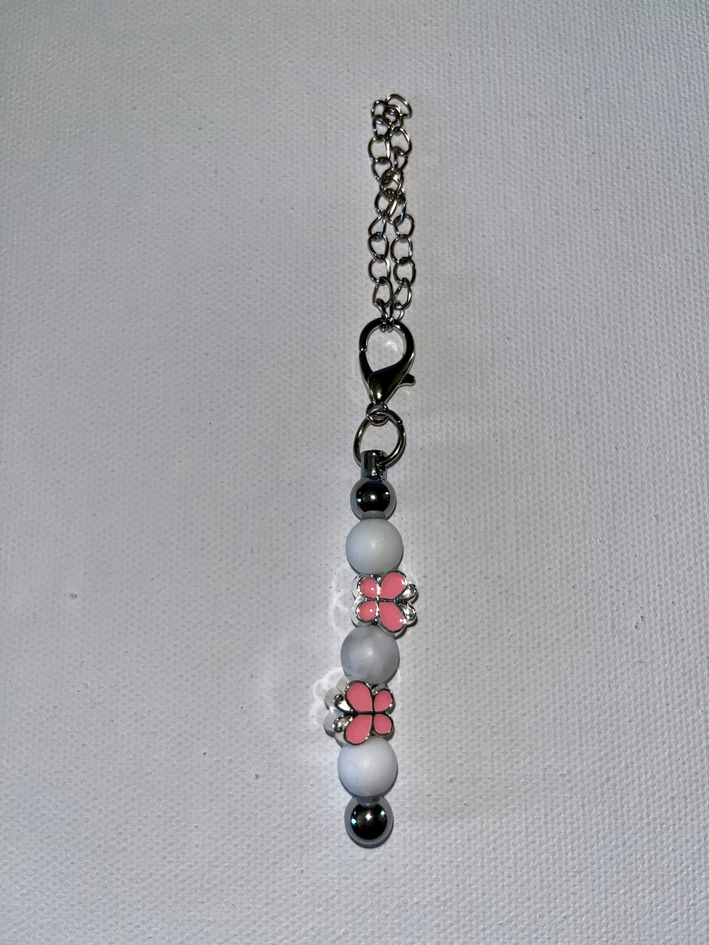 Shiny Pink & Silver Butterfly Beaded Cup Charm W/White Silicone Bead Accents