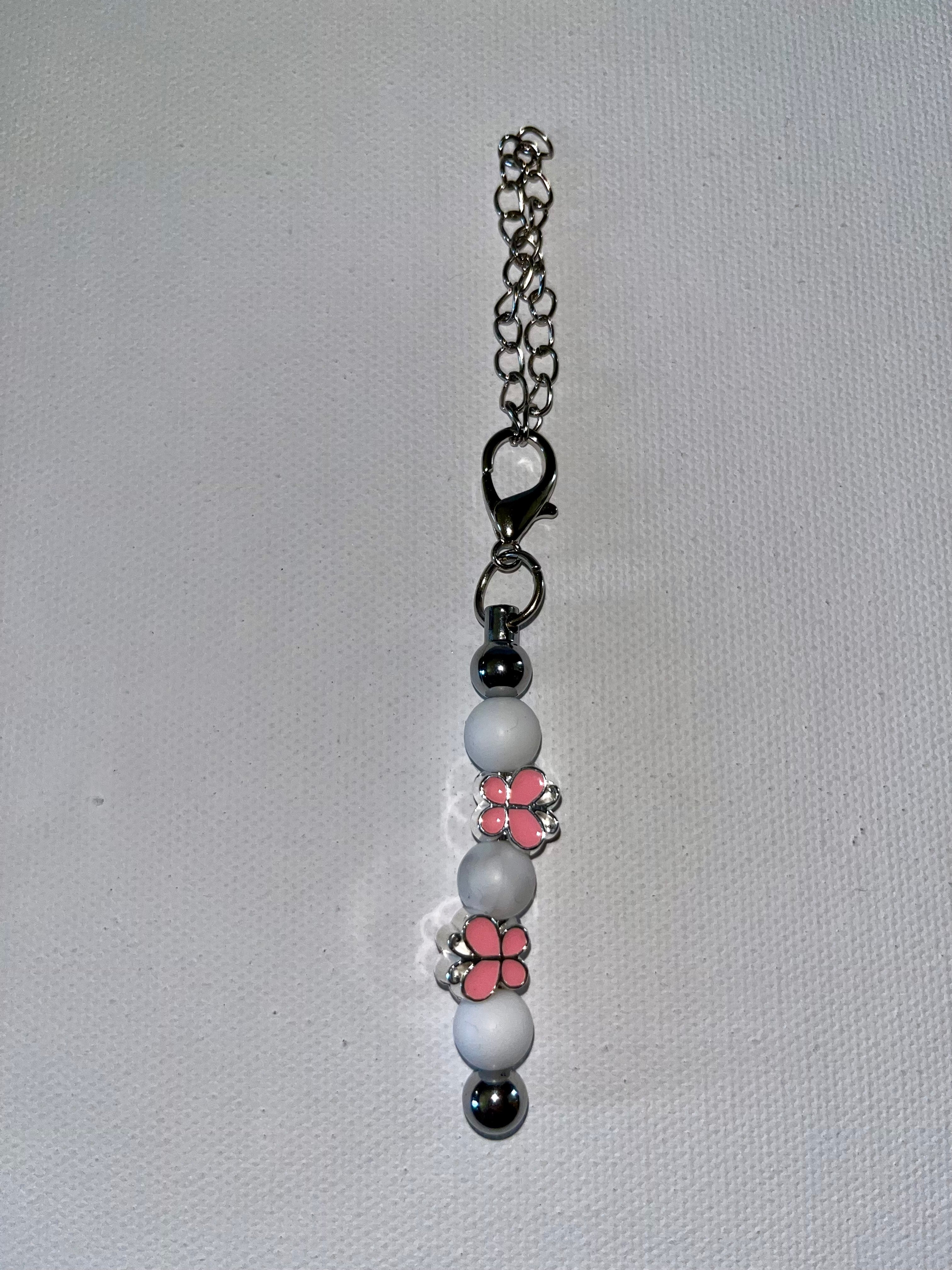Shiny Pink & Silver Butterfly Beaded Cup Charm W/White Silicone Bead Accents