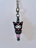 Cute Black & Pink Kuromi Rhinestone-Accented Cup Charm w/Shimmery Crystal Beads