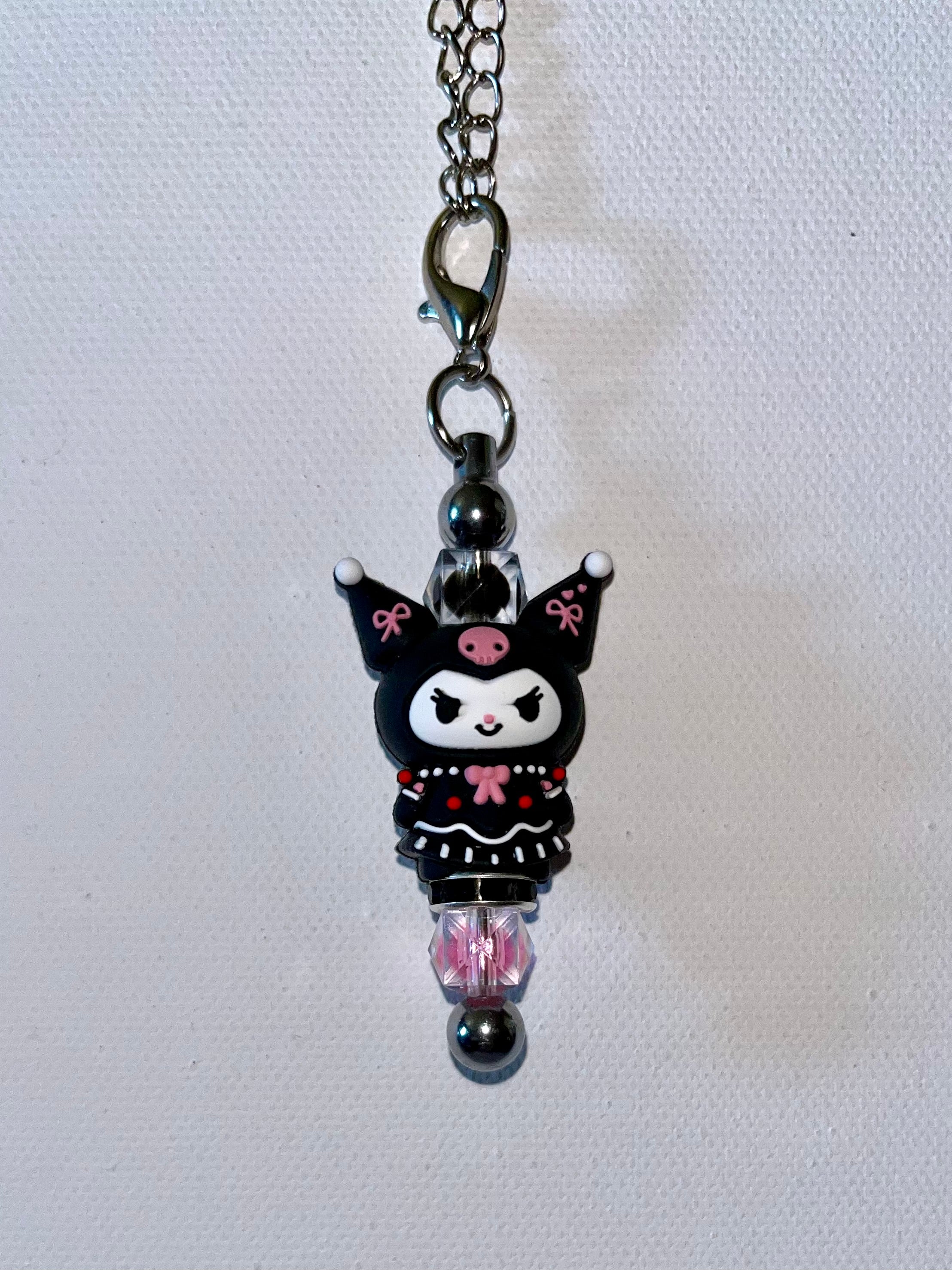 Cute Black & Pink Kuromi Rhinestone-Accented Cup Charm w/Shimmery Crystal Beads