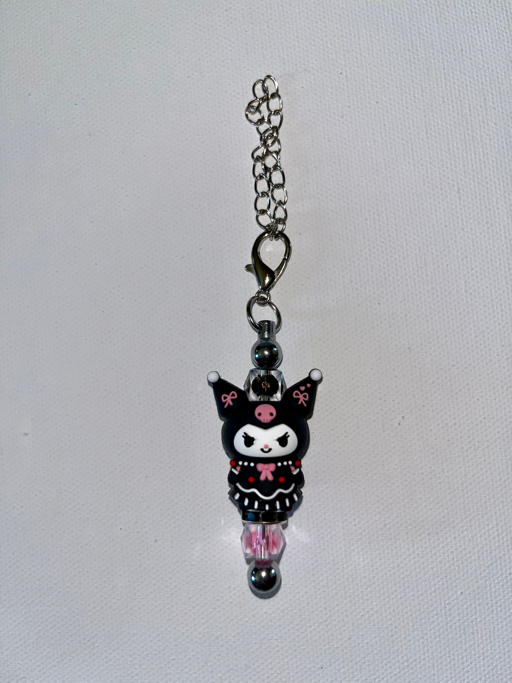 Cute Black & Pink Kuromi Rhinestone-Accented Cup Charm w/Shimmery Crystal Beads