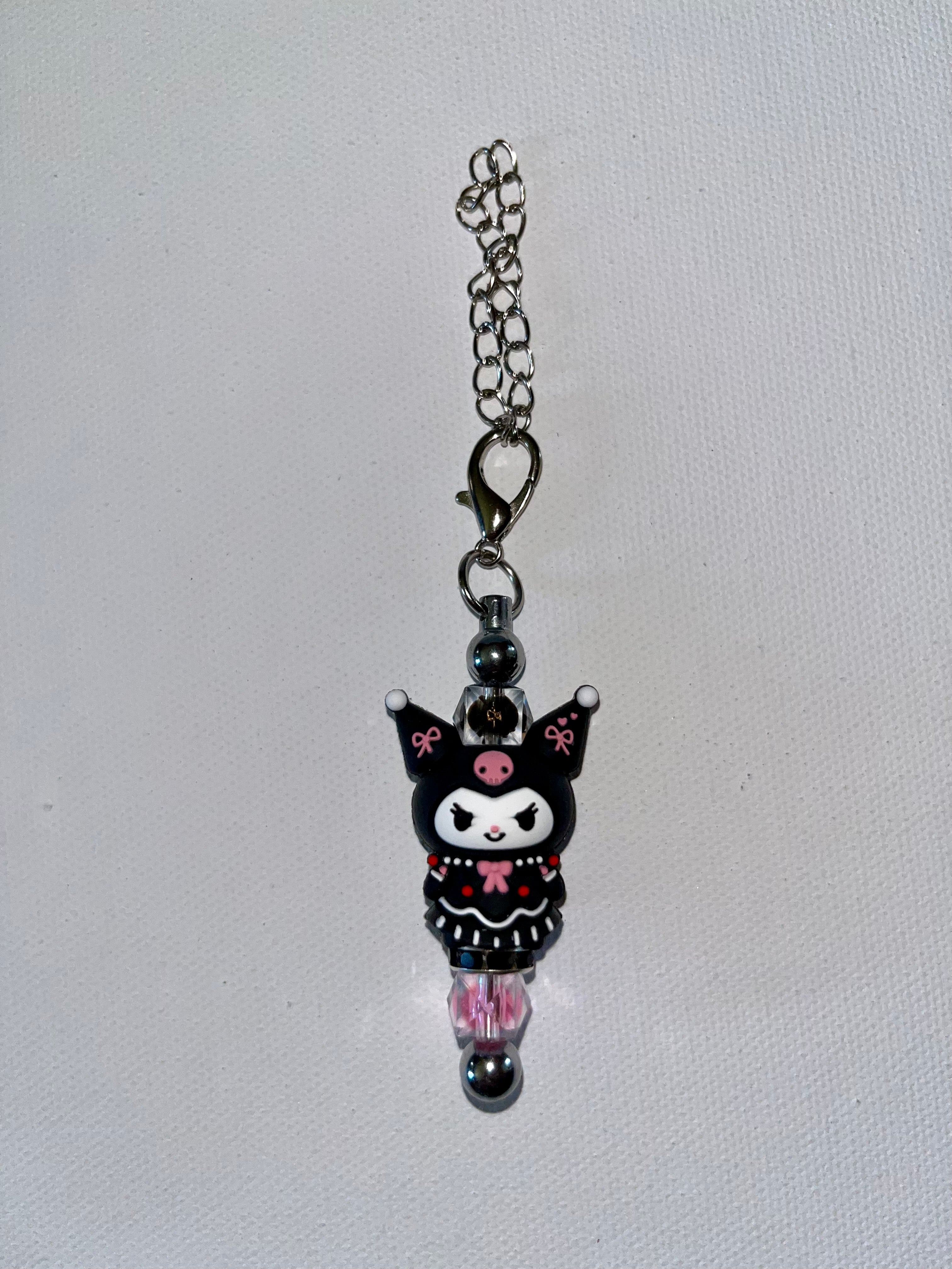 Cute Black & Pink Kuromi Rhinestone-Accented Cup Charm w/Shimmery Crystal Beads