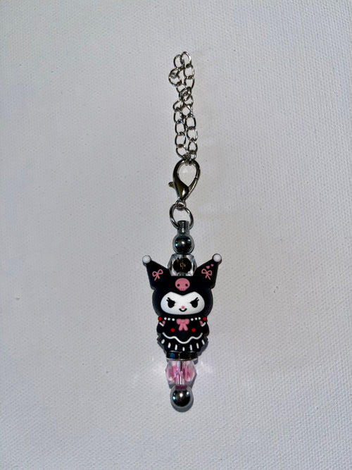 Cute Black & Pink Kuromi Rhinestone-Accented Cup Charm w/Shimmery Crystal Beads