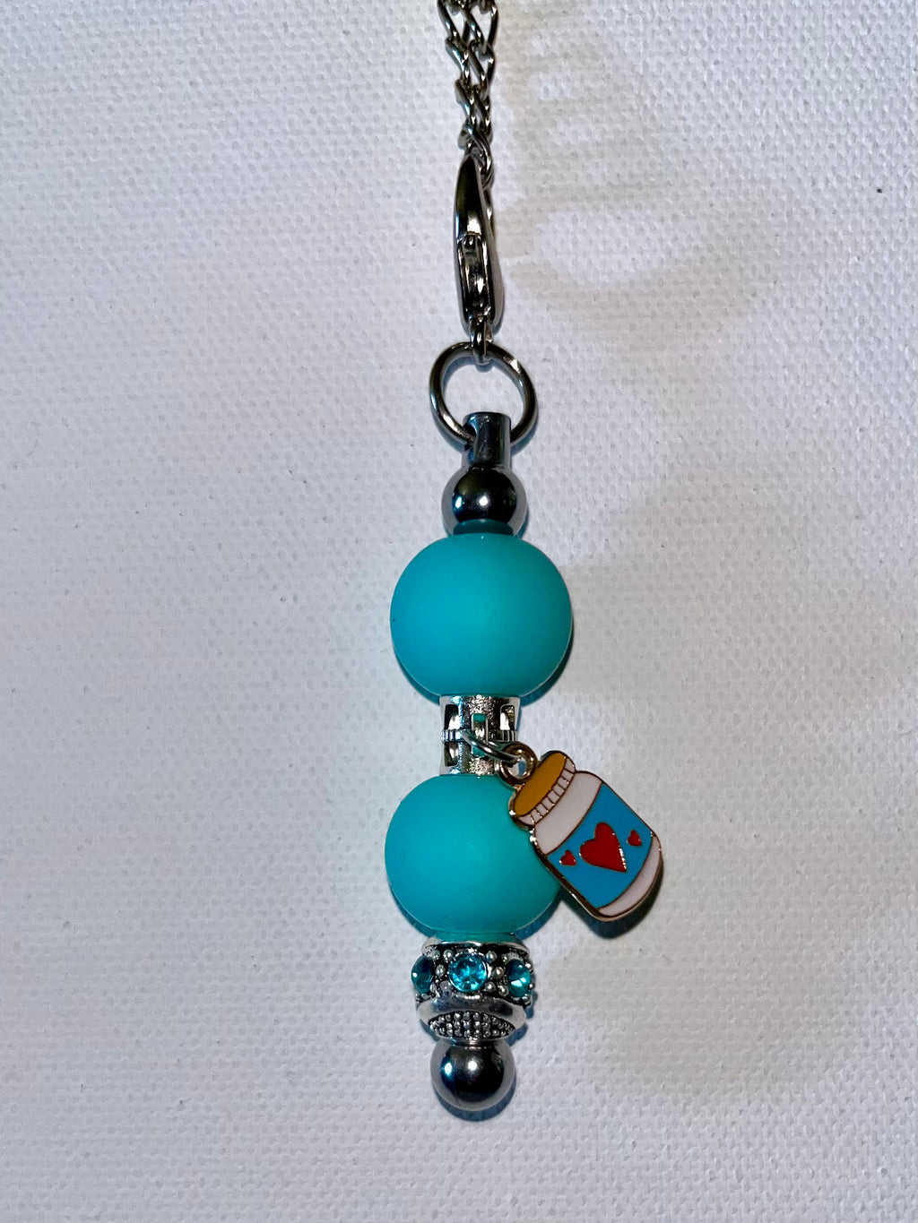 Rhinestone Accented Turquoise Beaded Cup Charm w/Cute Jar Featuring Hearts