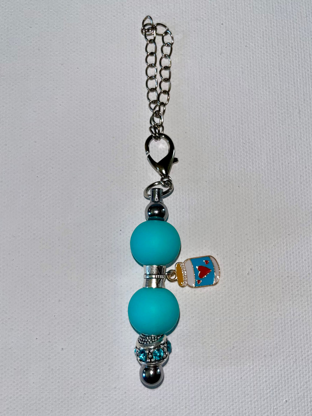 Rhinestone Accented Turquoise Beaded Cup Charm w/Cute Jar Featuring Hearts