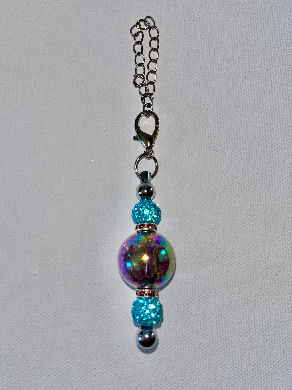 Iridescent Multicolored Cup Charm w/Turquoise & Purple Rhinestone Accented Beads