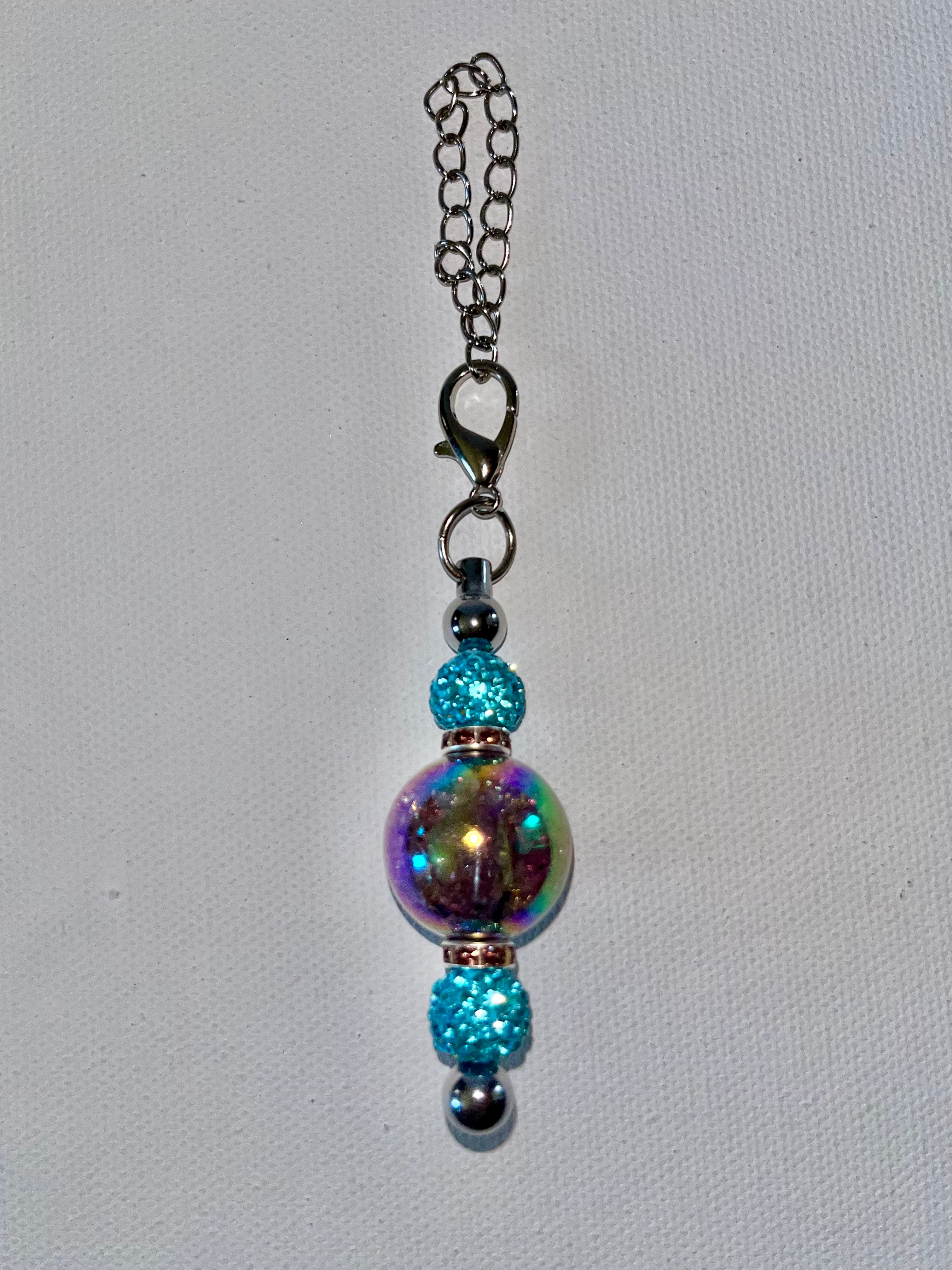 Iridescent Multicolored Cup Charm w/Turquoise & Purple Rhinestone Accented Beads