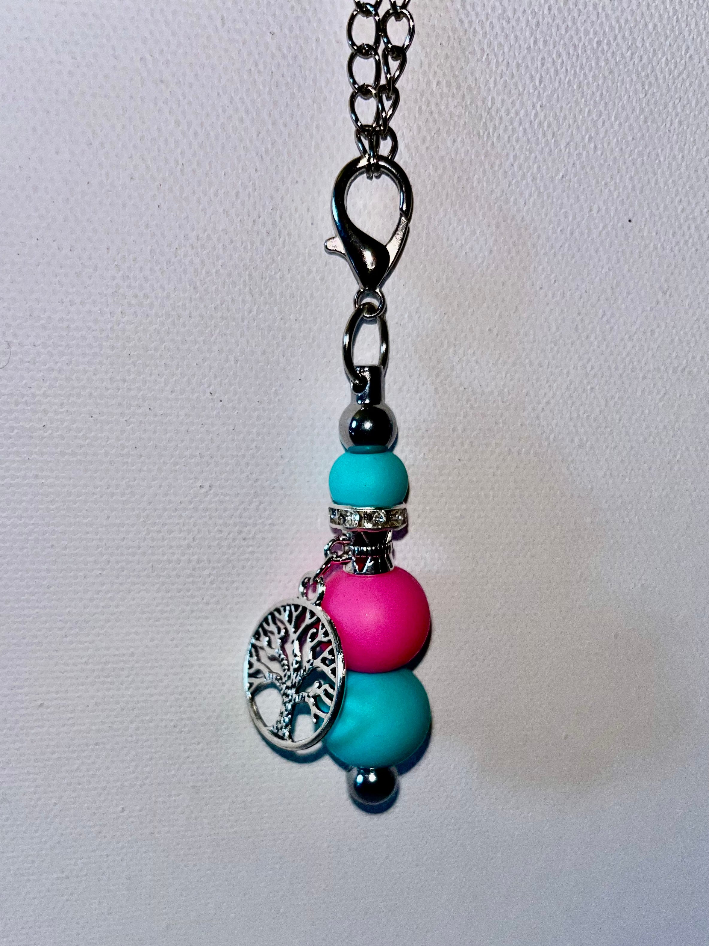 Silver Tree of Life Cup Charm w/Pink & Teal Silicone Bead & Rhinestone Accents