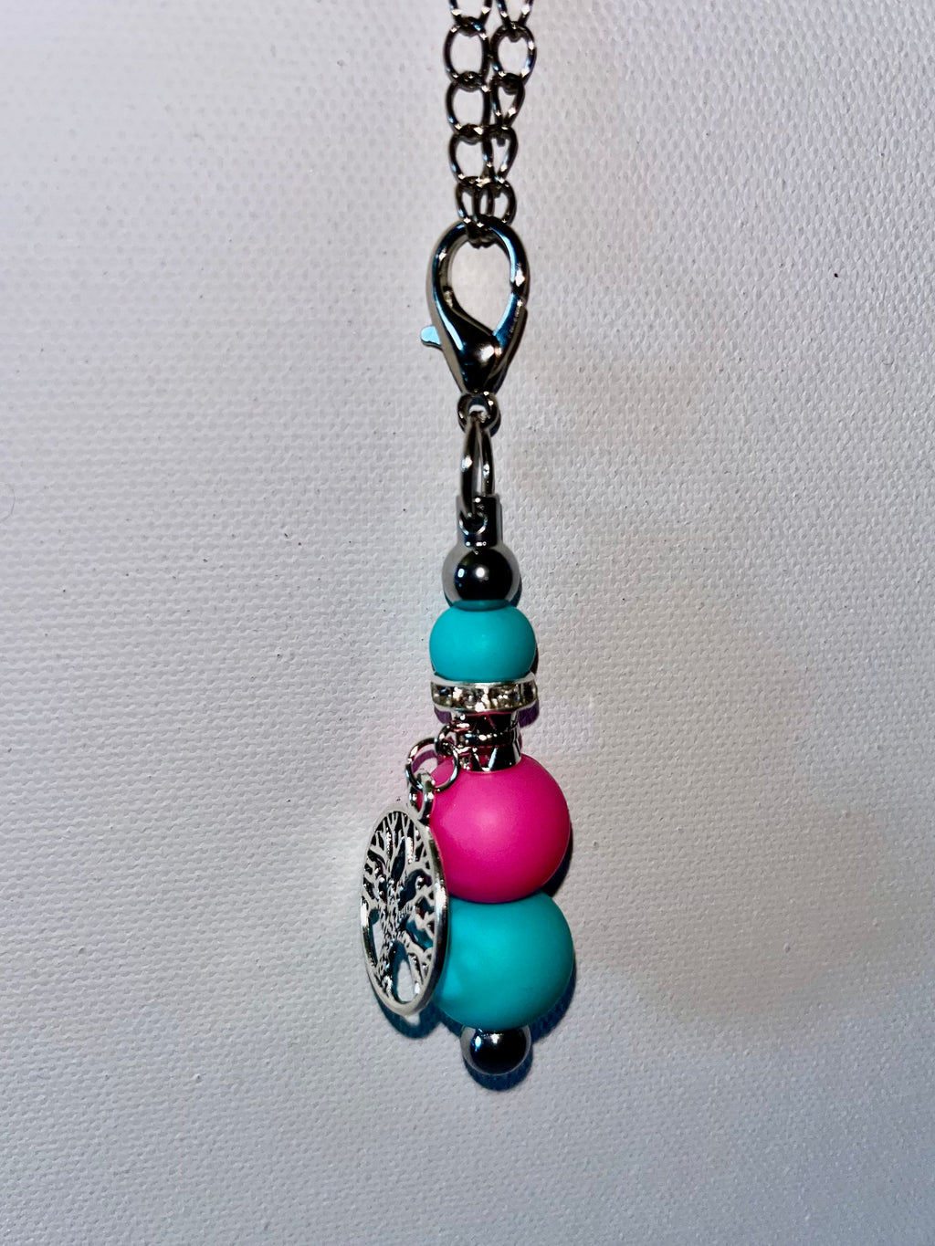 Silver Tree of Life Cup Charm w/Pink & Teal Silicone Bead & Rhinestone Accents