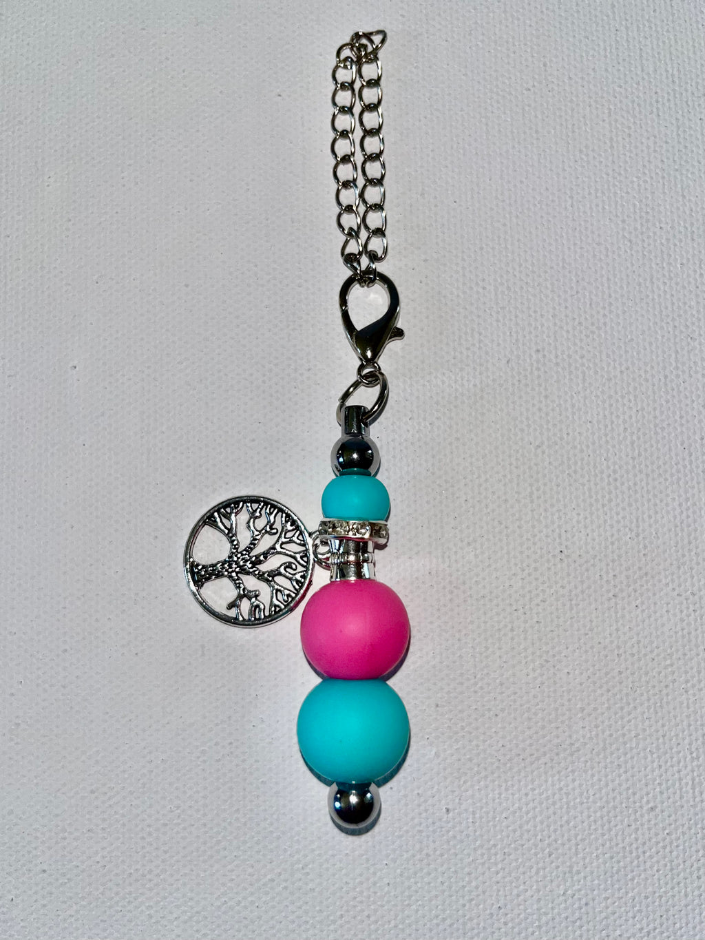 Silver Tree of Life Cup Charm w/Pink & Teal Silicone Bead & Rhinestone Accents