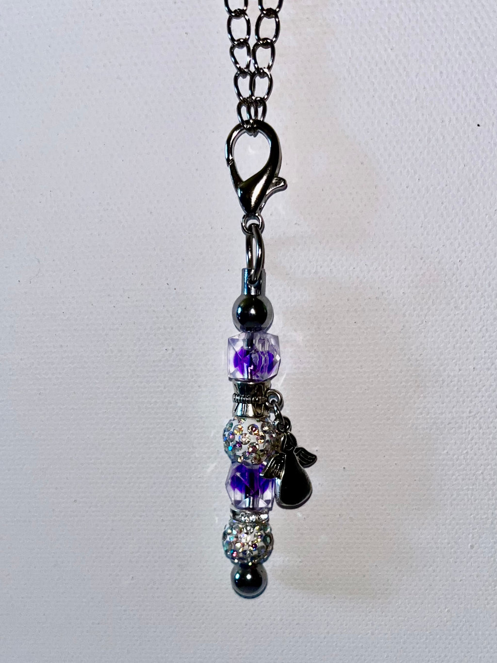 Sparkly Purple Faceted Crystal Bead Cup Charm w/Angel Charm & Rhinestone Accents