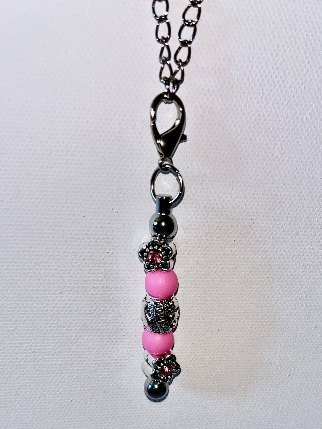 Pink Bead “Dog Mom” Silver Cup Charm with Rhinestone-Accented Flower Charms