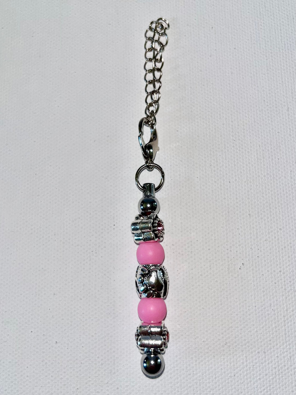 Pink Bead “Dog Mom” Silver Cup Charm with Rhinestone-Accented Flower Charms