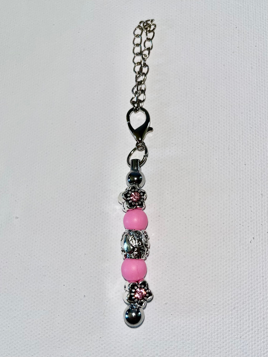 Pink Bead “Dog Mom” Silver Cup Charm with Rhinestone-Accented Flower Charms