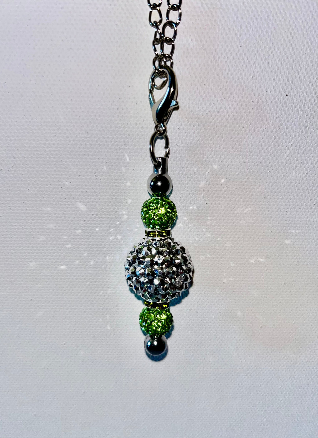 Silver-Tone Cup Charm with Sparkly Green Accents & Silver Crystal Bead Charms