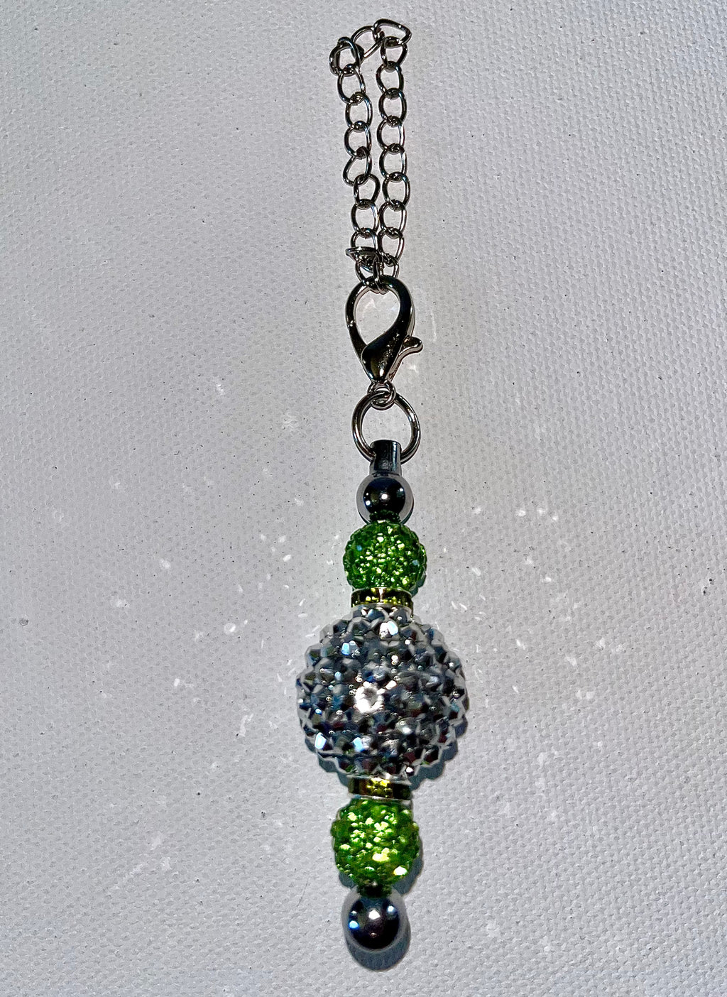 Silver-Tone Cup Charm with Sparkly Green Accents & Silver Crystal Bead Charms