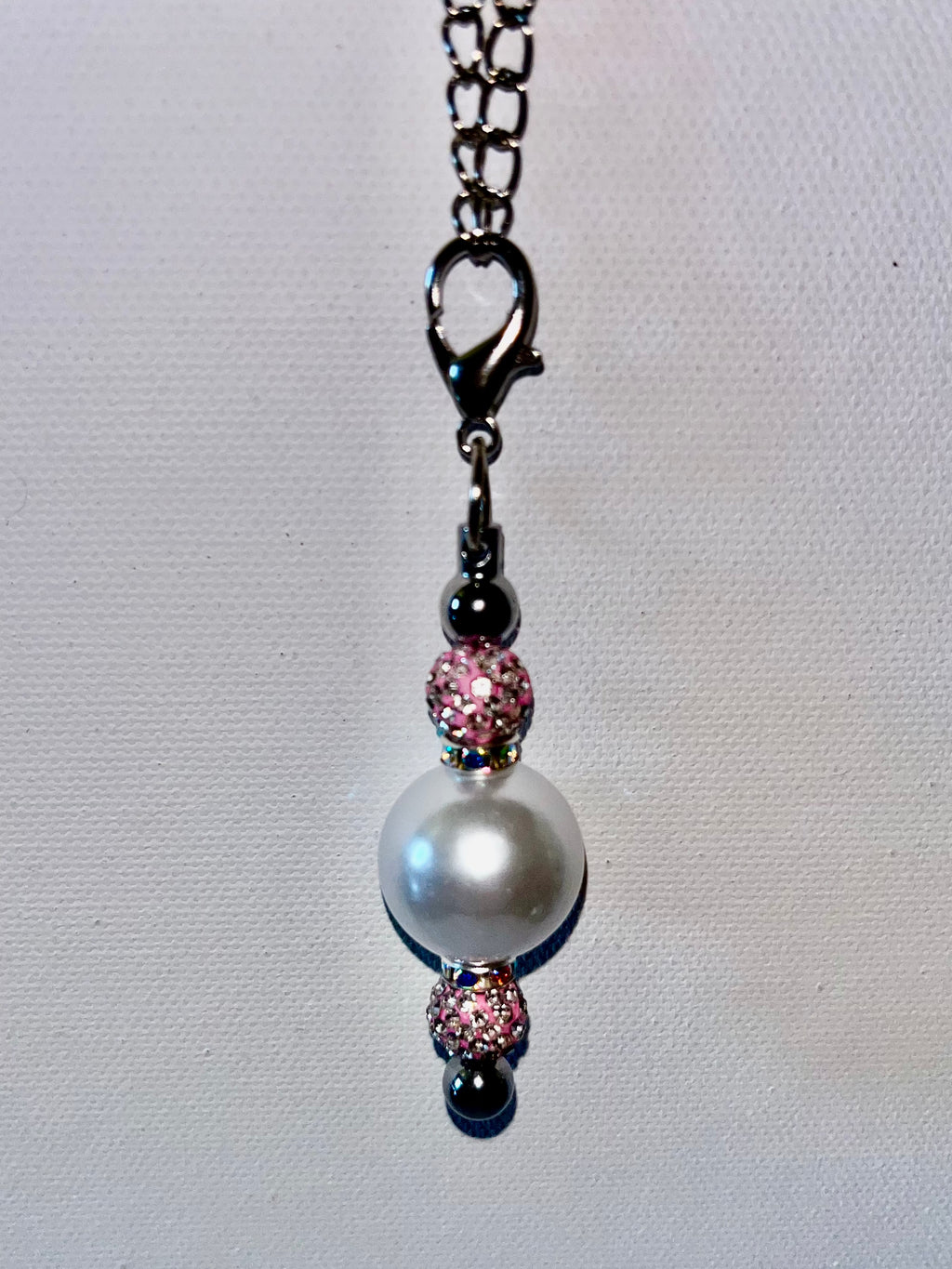 Silver-Tone Pearl Pendant Cup Charm w/Pink Rhinestone Accents