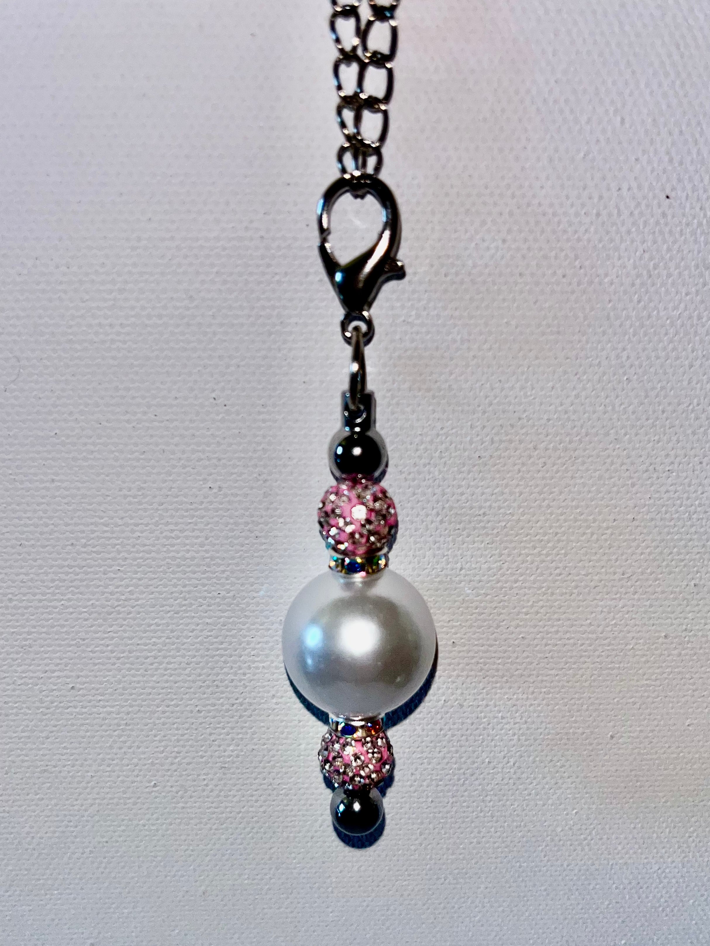 Silver-Tone Pearl Pendant Cup Charm w/Pink Rhinestone Accents