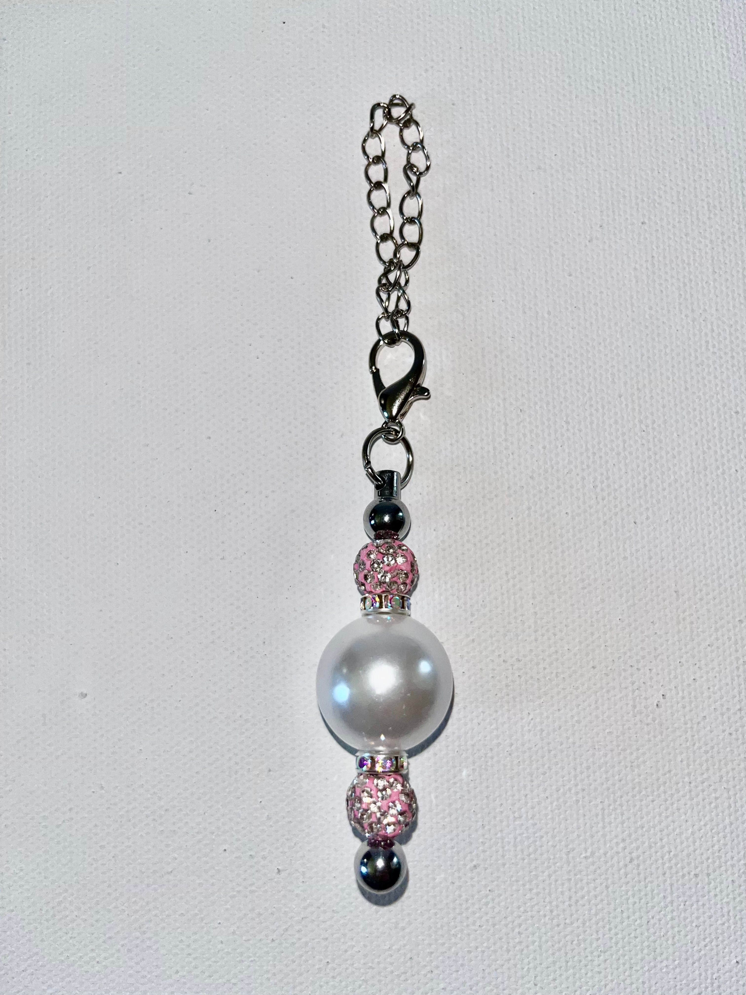 Silver-Tone Pearl Pendant Cup Charm w/Pink Rhinestone Accents