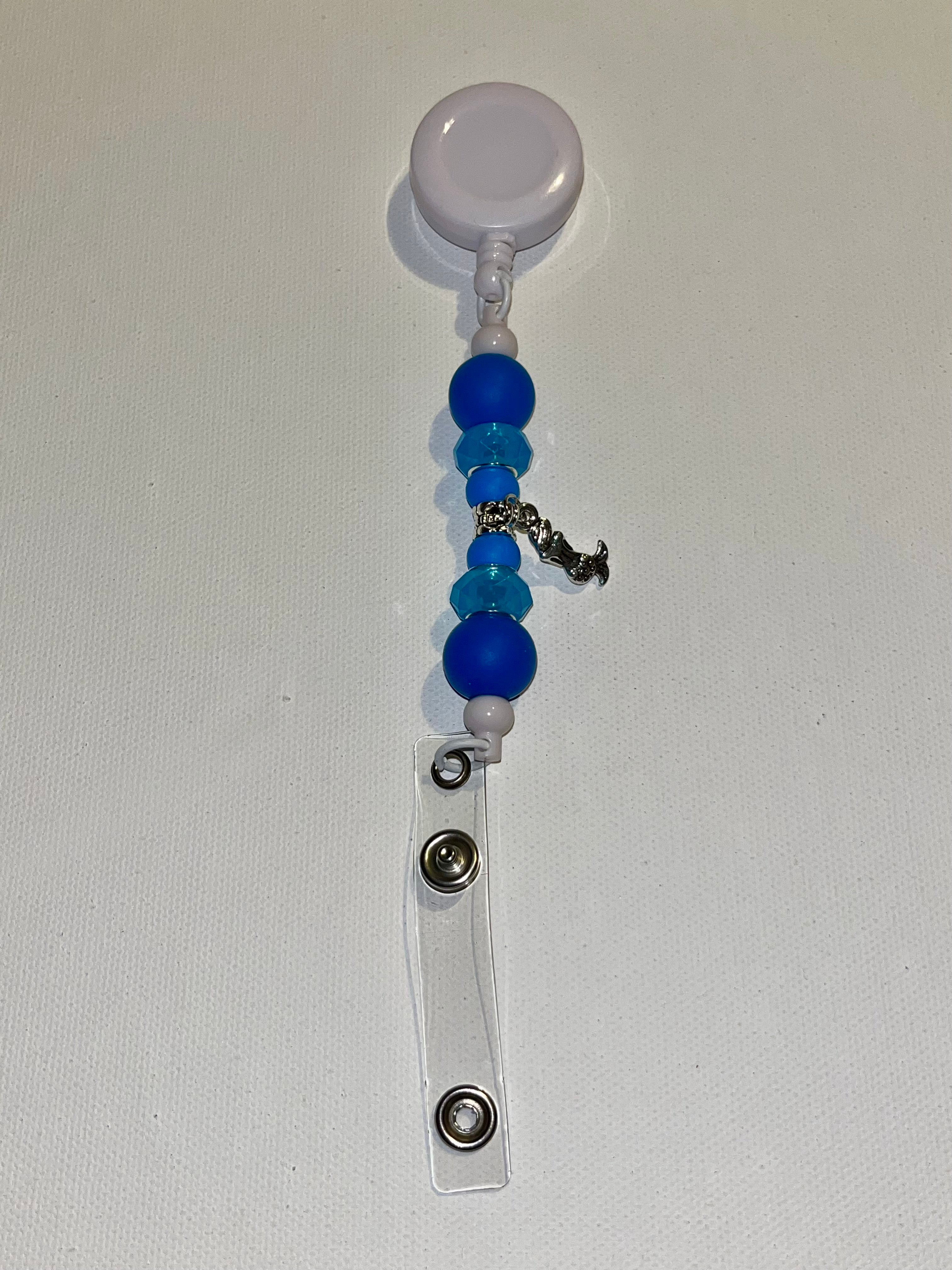 3-Tone Blue Beaded Retractable Key & Card Holder w/Silver Mermaid Charm