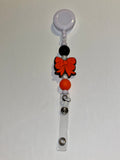 Silicone Beaded Basketball-themed Bow w/Pearlescent Accent Beads Badge Reel