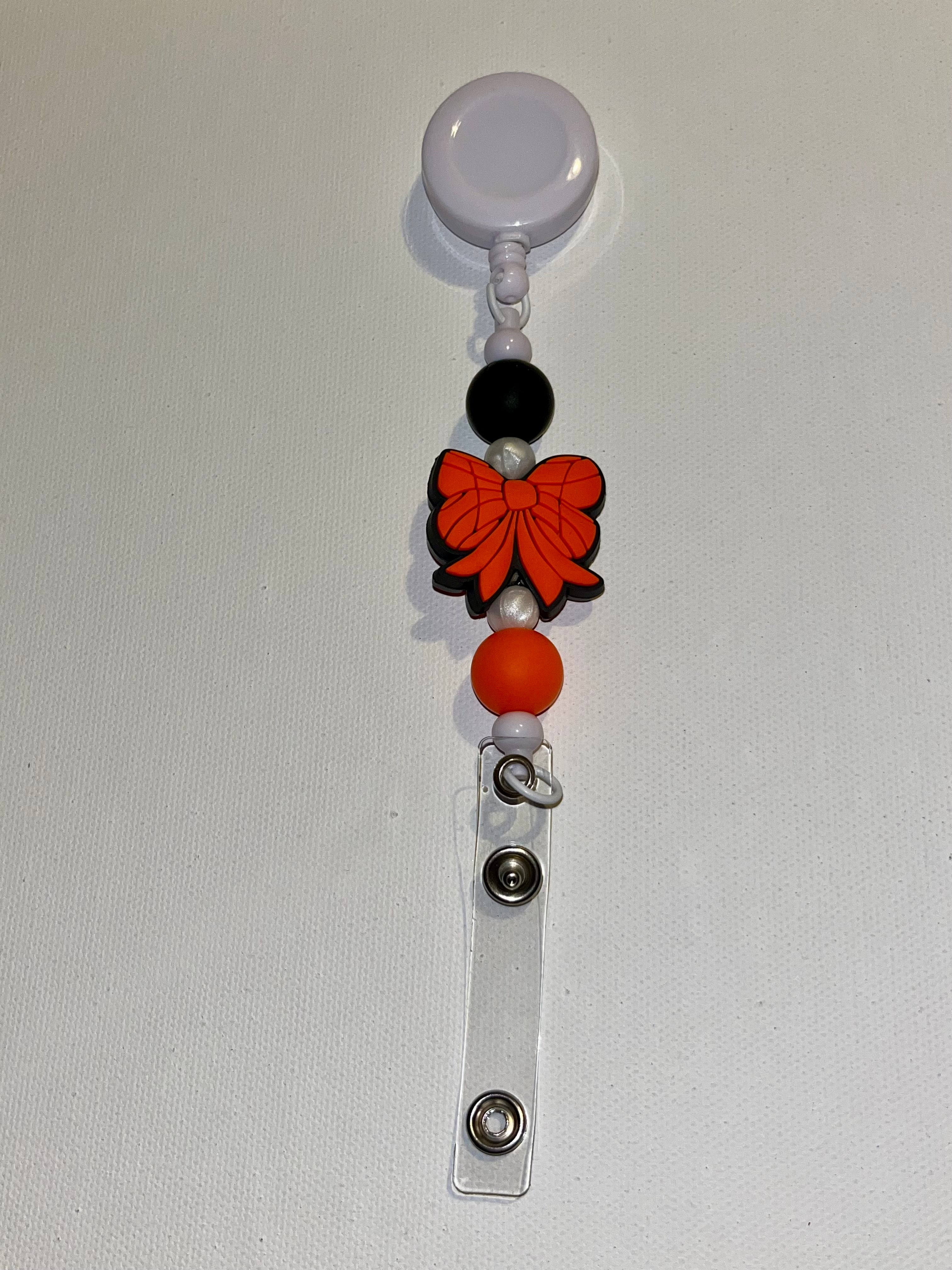 Silicone Beaded Basketball-themed Bow w/Pearlescent Accent Beads Badge Reel